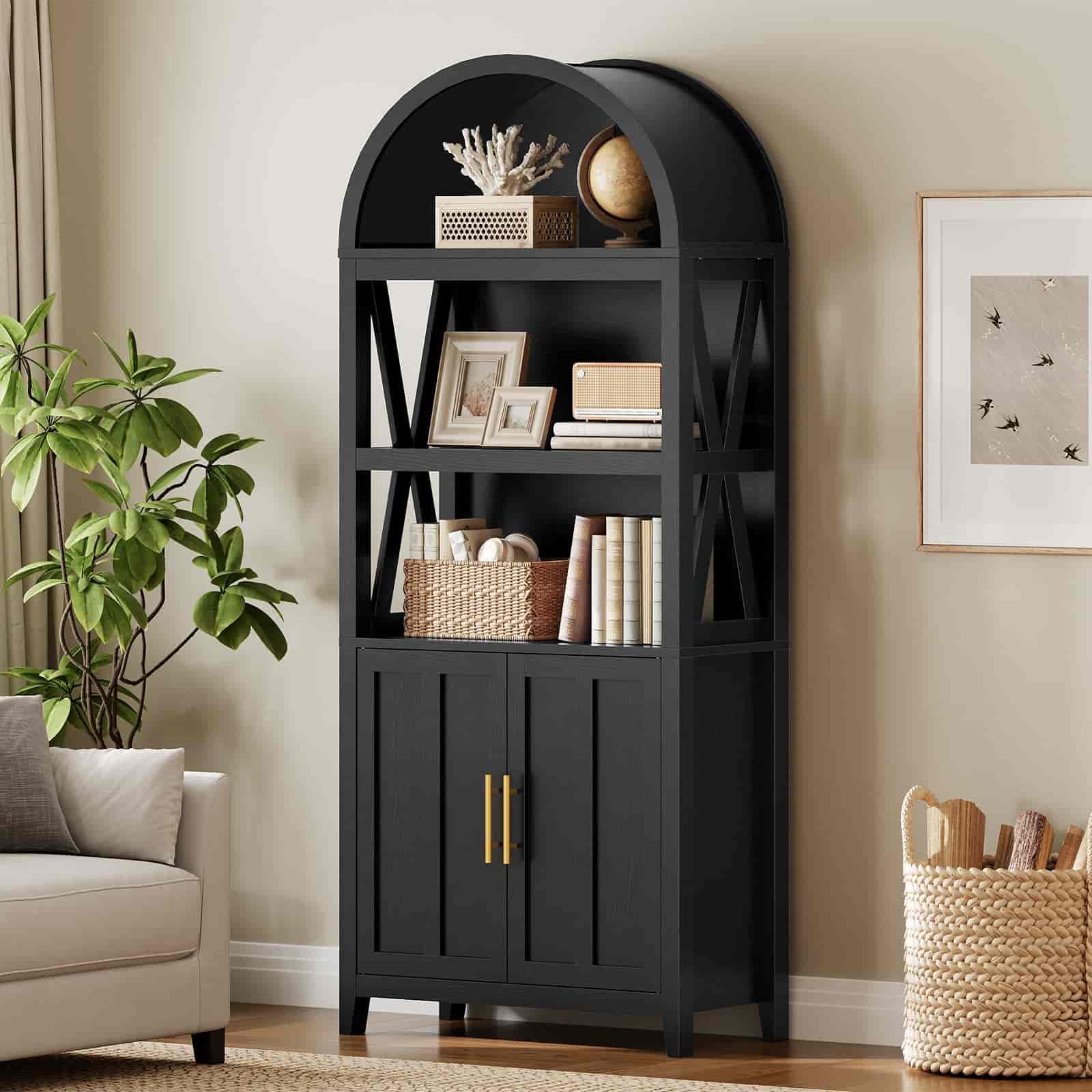 hoobro-biblioth-que-haute-71-pouces-noire-farmhouse-avec-portes image 2