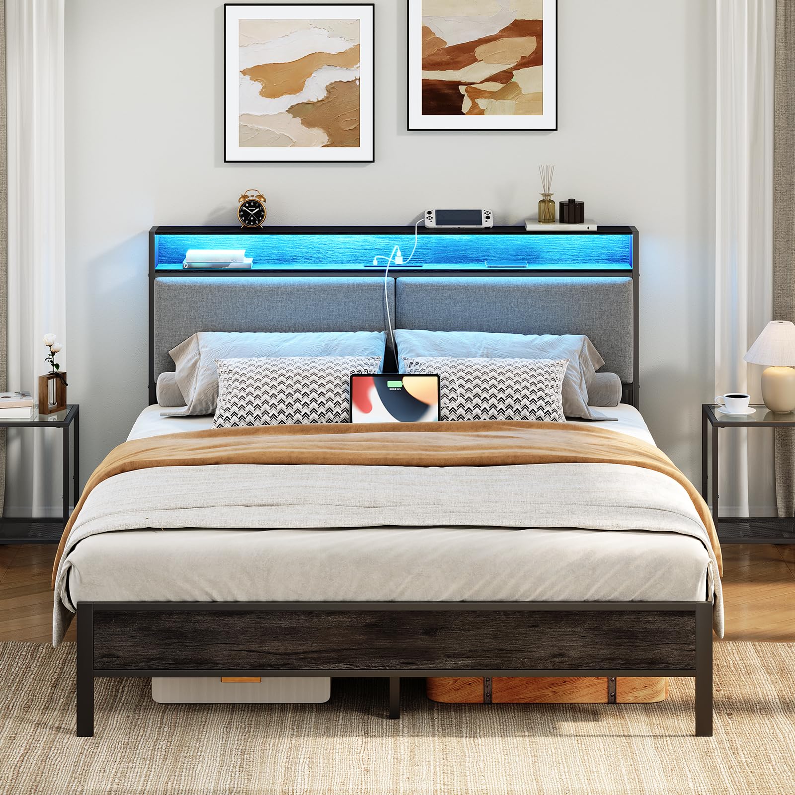 hoobro-bed-frames-cadre-de-lit-m-tal-led-gris-t-te-rangement image 2