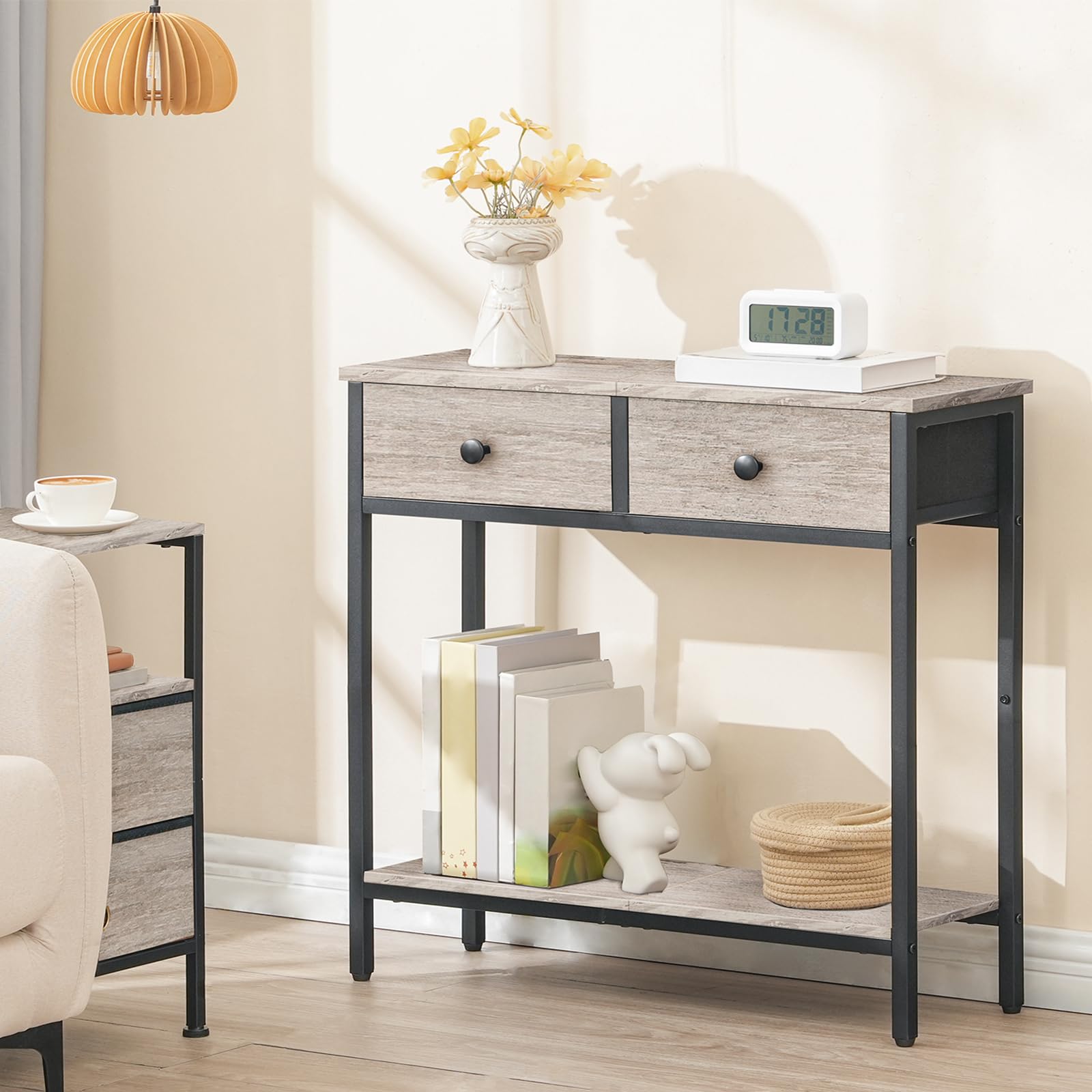 hoobro-console-table-29-5-2-tiroirs-tissu-greige image 4