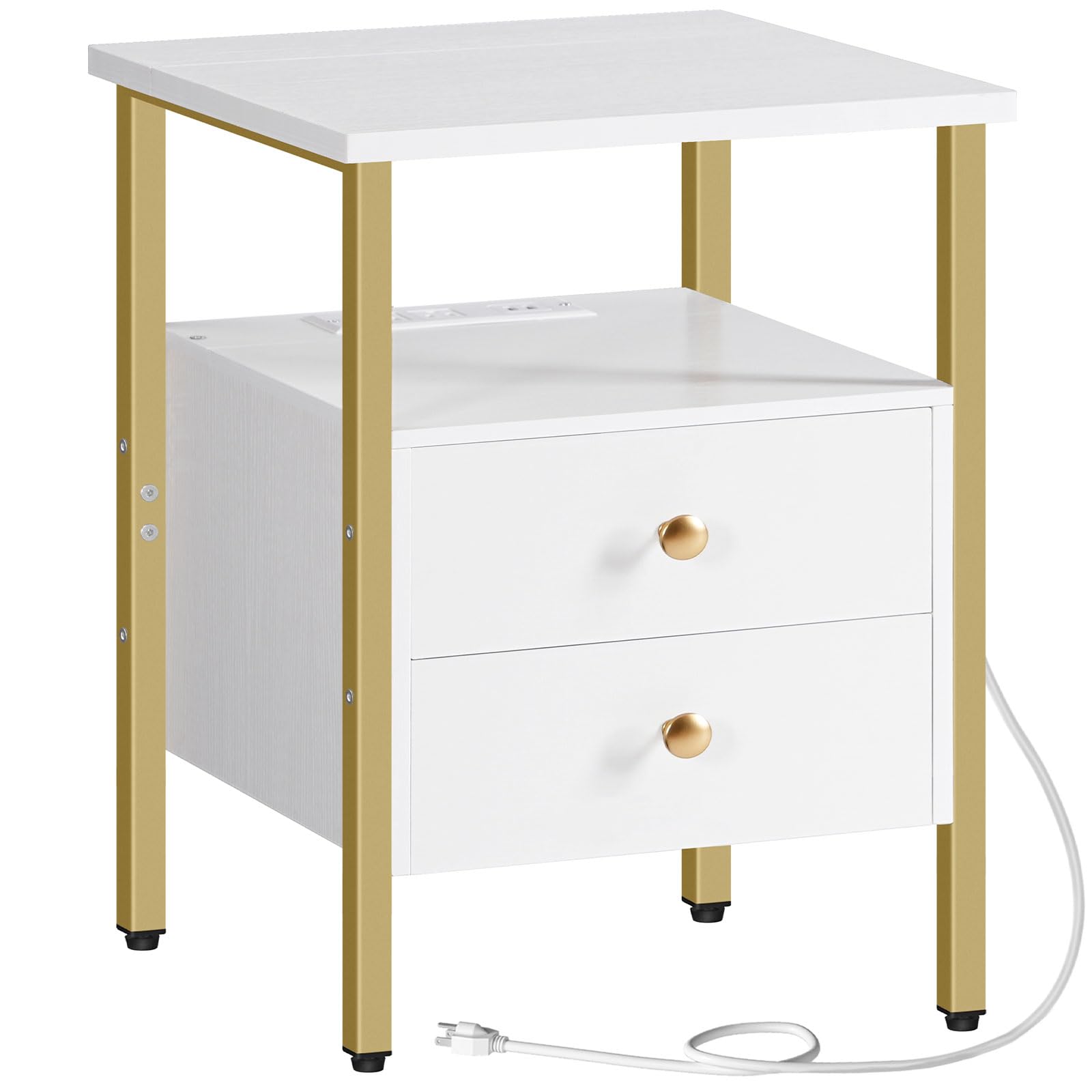 hoobro-table-de-chevet-blanche-2-tiroirs-prise-usb image 1