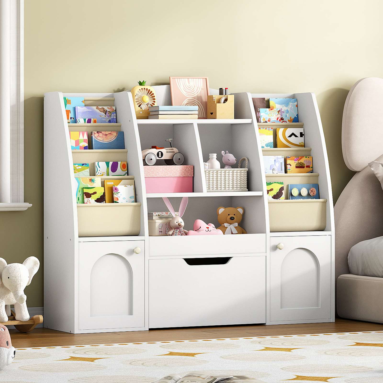 hoobro-biblioth-que-enfant-rangement-jouets-blanc-2-en-1 image 5