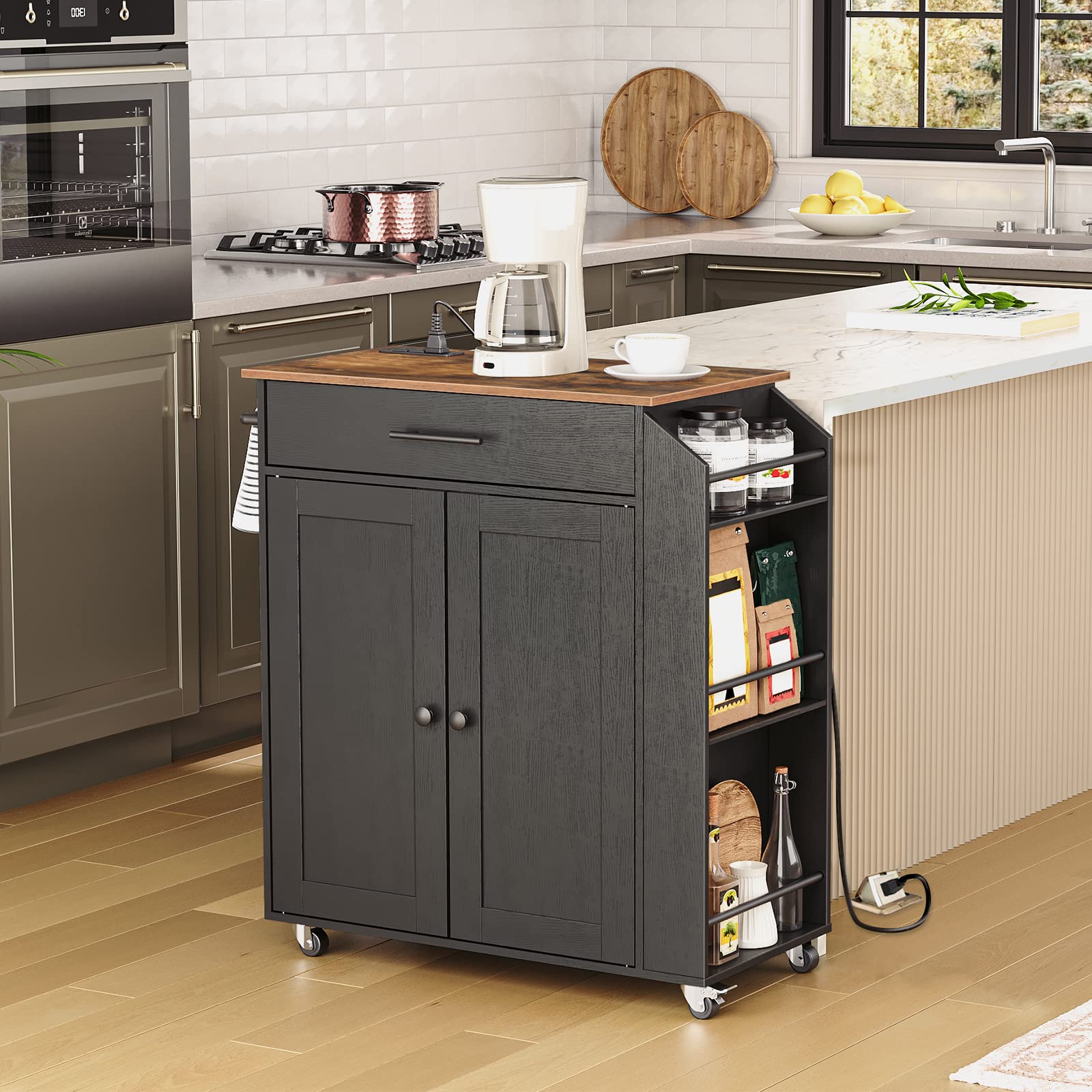 hoobro-kitchen-furniture-lot-cuisine-noir-marron-roulettes-avec-prise image 2