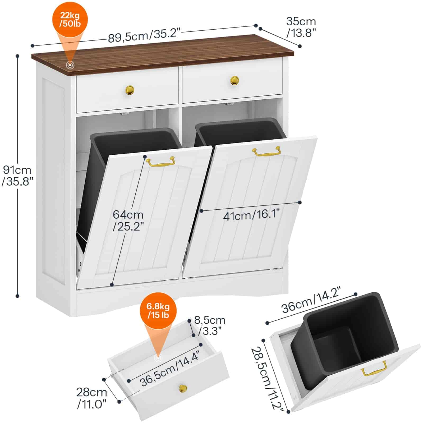 hoobro-kitchen-furniture-meuble-poubelle-double-blanc-2-tiroirs image 3