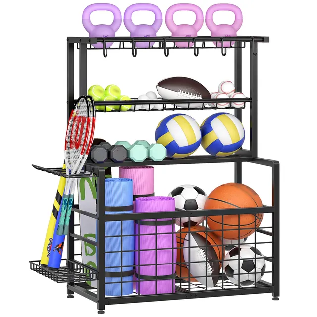 hoobro-range-ballons-noir-avec-panier-et-crochets-sport image 1