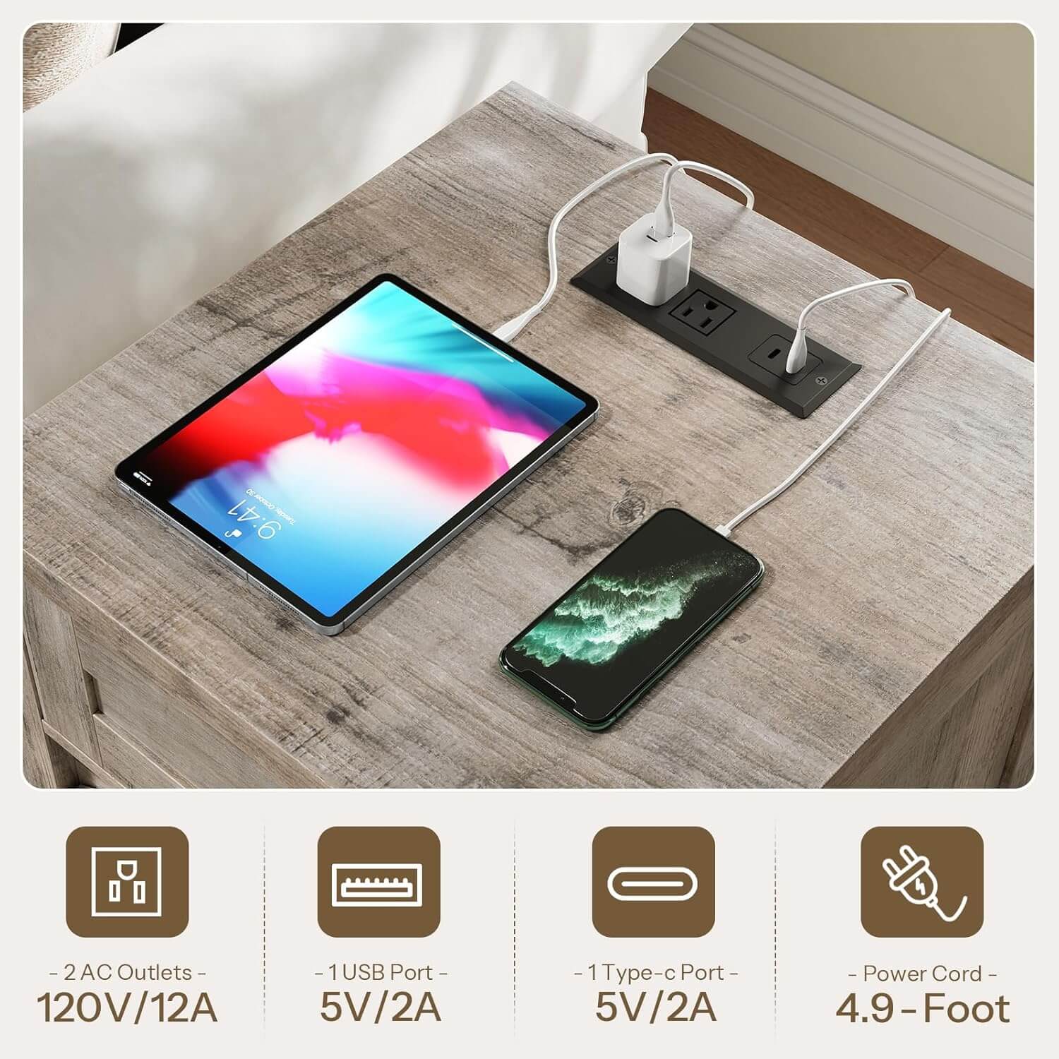 hoobro-table-d-appoint-farmhouse-bois-greige-avec-station-de-charge image 3