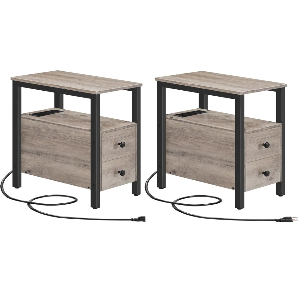 hoobro-side-tables-lot-2-tables-chevet-greige-avec-prise image 1