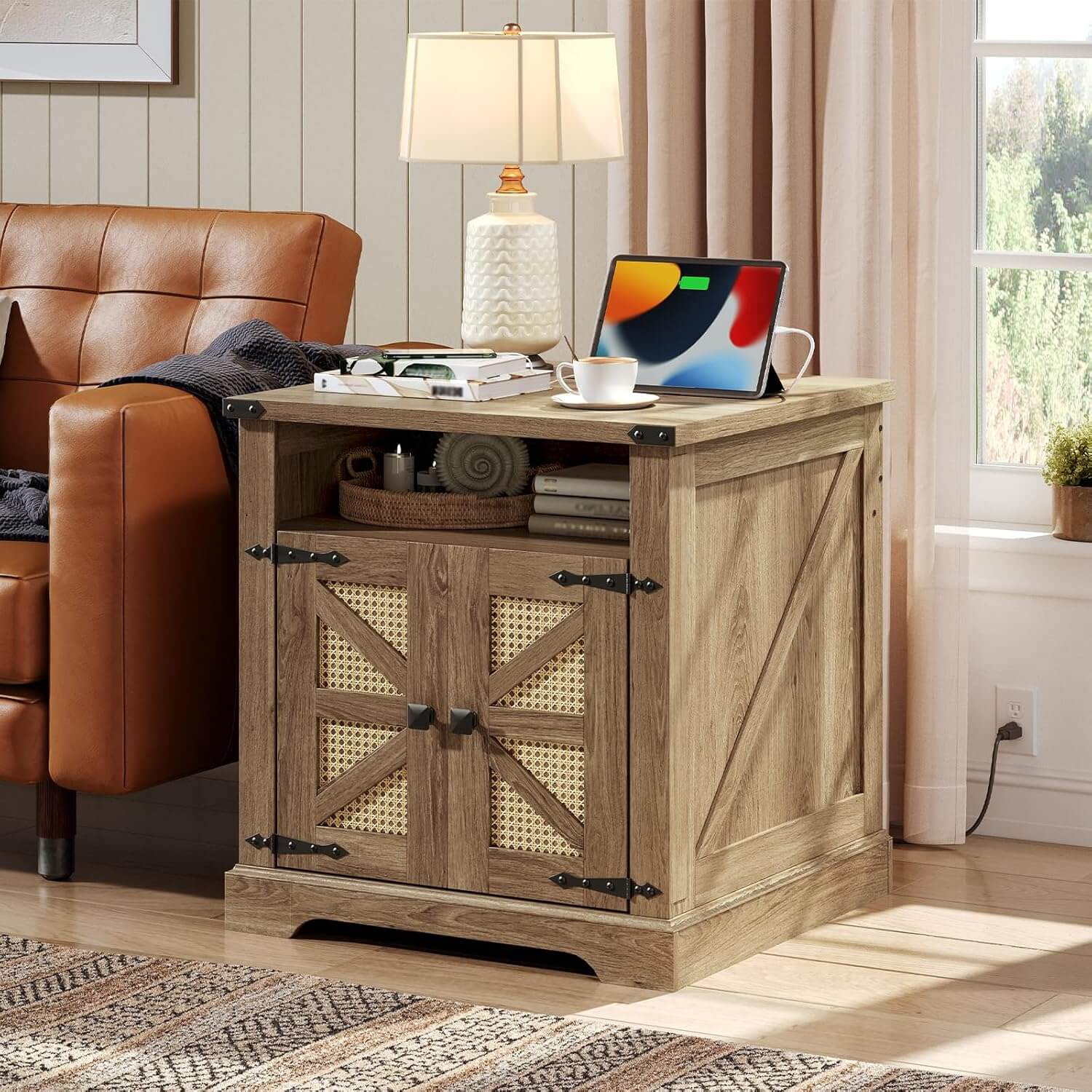 hoobro-side-tables-bout-de-canap-marron-prise-usb-rotin image 2
