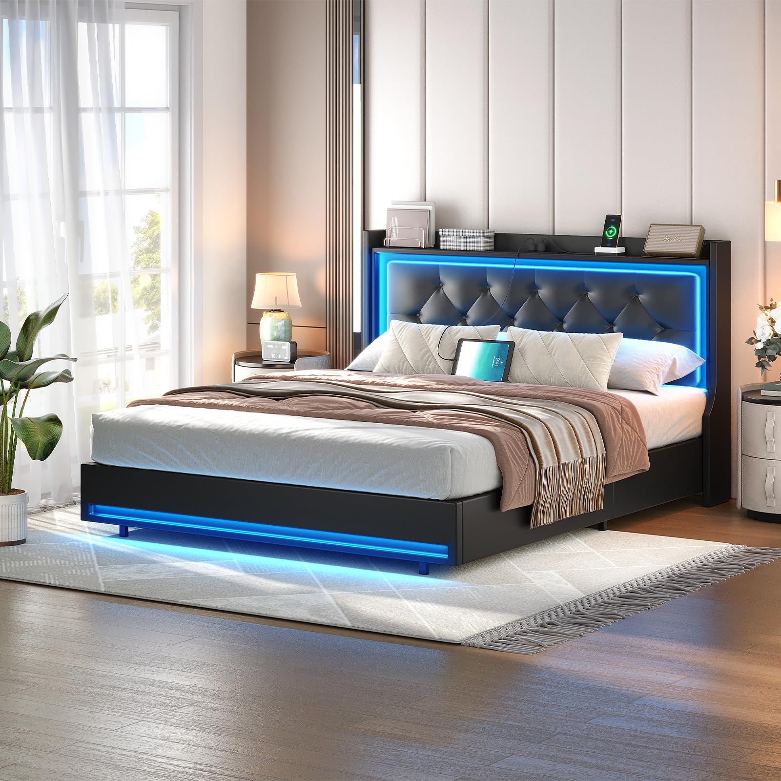 hoobro-bed-frames-lit-queen-noir-led-usb-capitonn image 4
