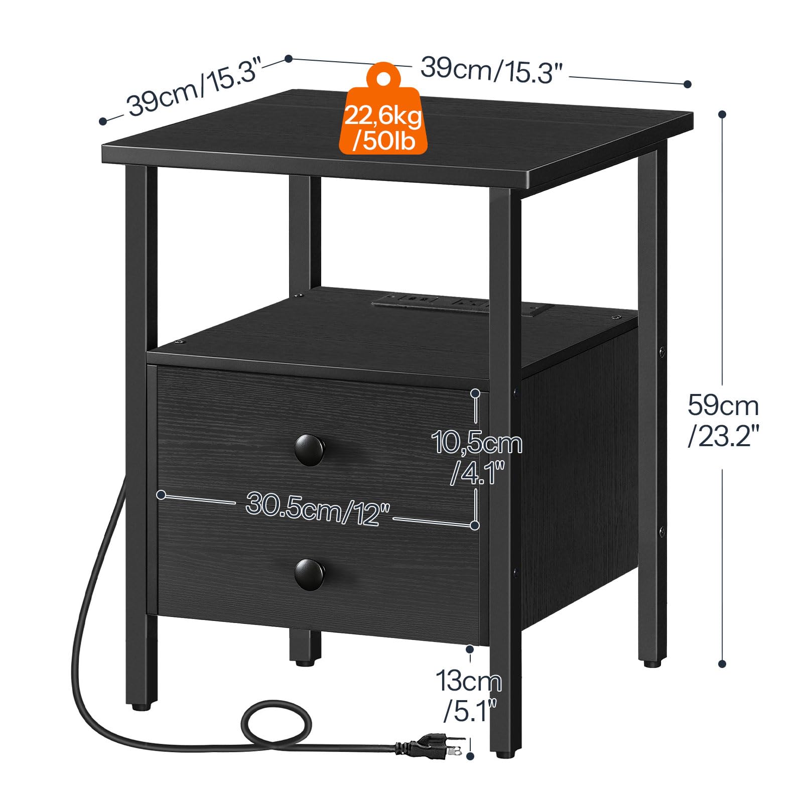hoobro-bb43ubz01-table-appoint-noire-usb-type-c-2-tiroirs image 3