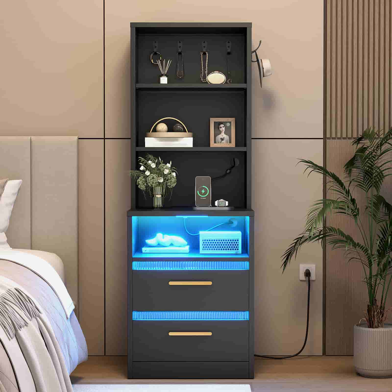 hoobro-nightstands-table-nuit-noire-led-prise-usb image 2