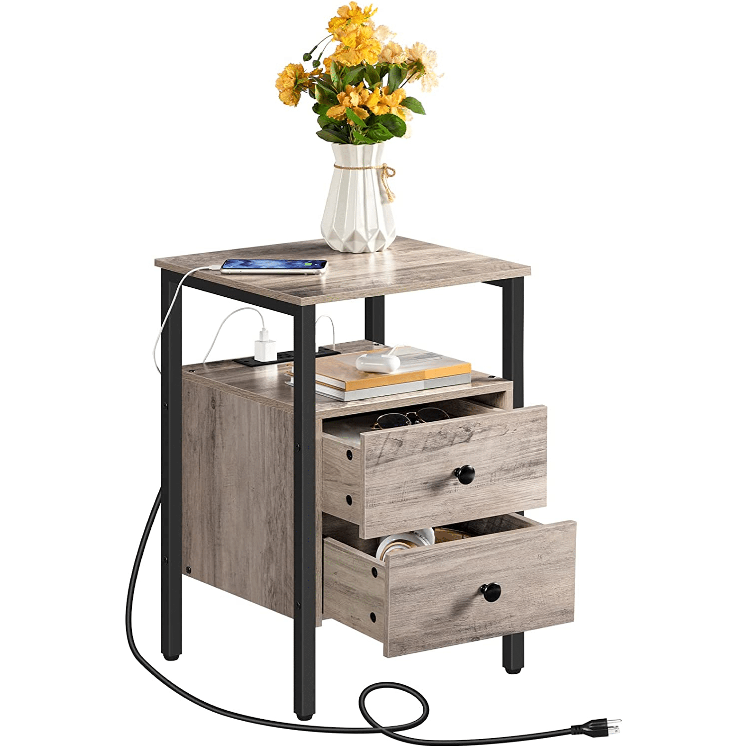 hoobro-lot-2-tables-de-chevet-greige-prise-usb-tiroirs image 3
