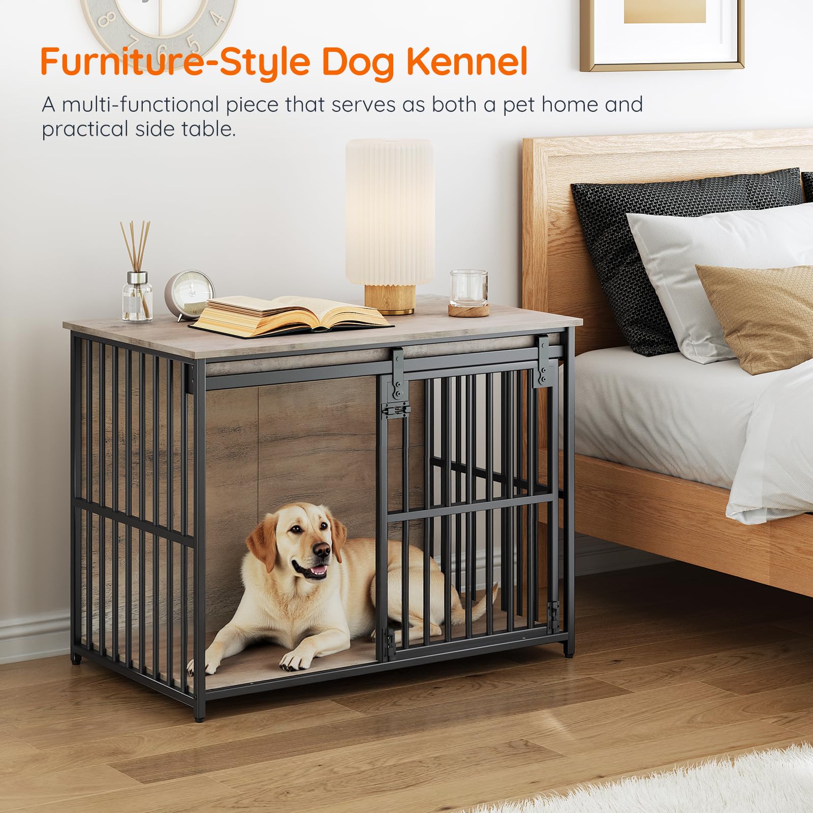 hoobro-cage-chien-bois-gris-porte-coulissante-niche-int-rieure image 6
