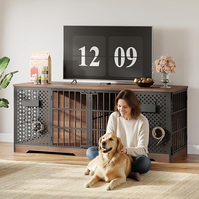 hoobro-double-niche-chien-meuble-tv-180-cm-noyer image 3