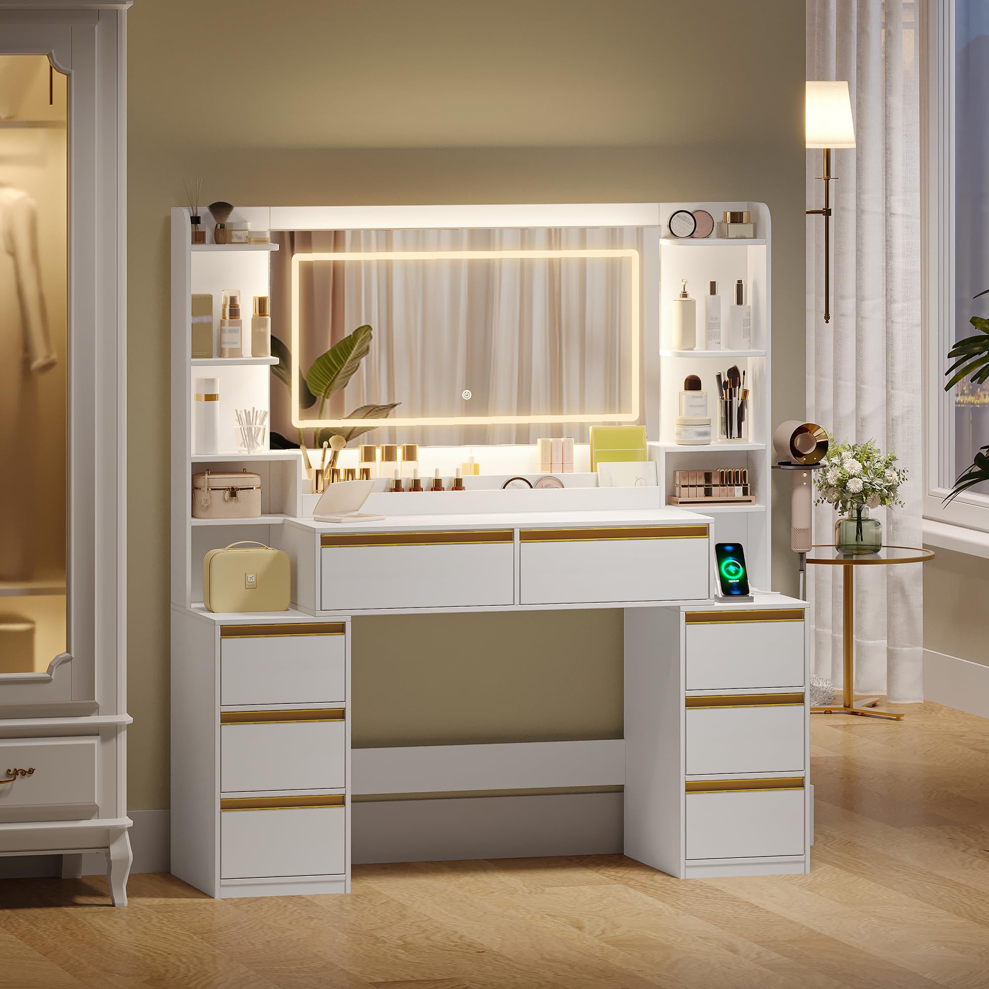 hexcelen-coiffeuse-avec-miroir-135-cm-blanc-dor-led-usb image 8