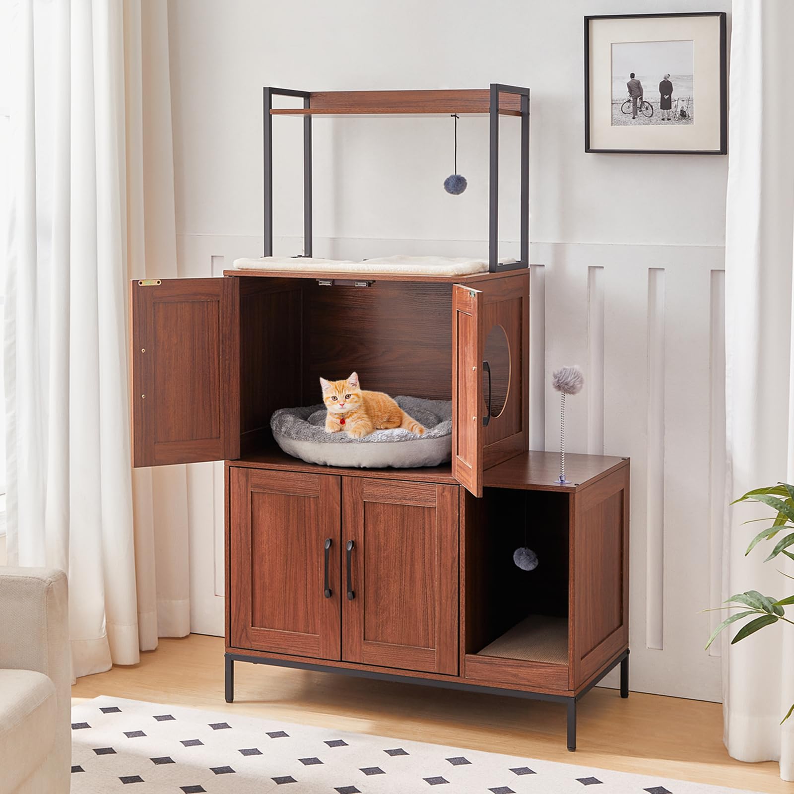 hoobro-pet-furniture-meuble-liti-re-chat-marron-avec-jeux image 2