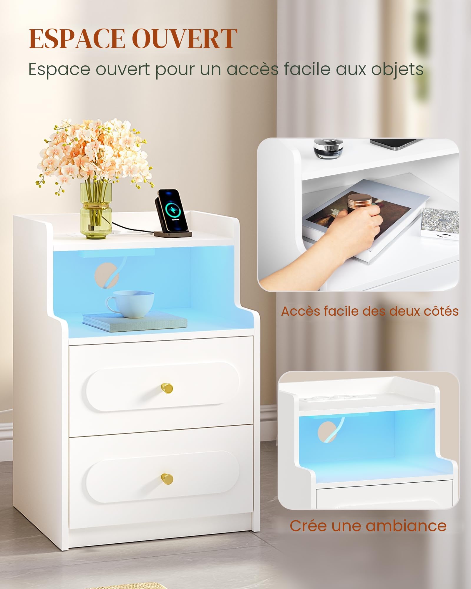 hexcelen-table-de-chevet-led-blanc-usb-2-tiroirs image 6
