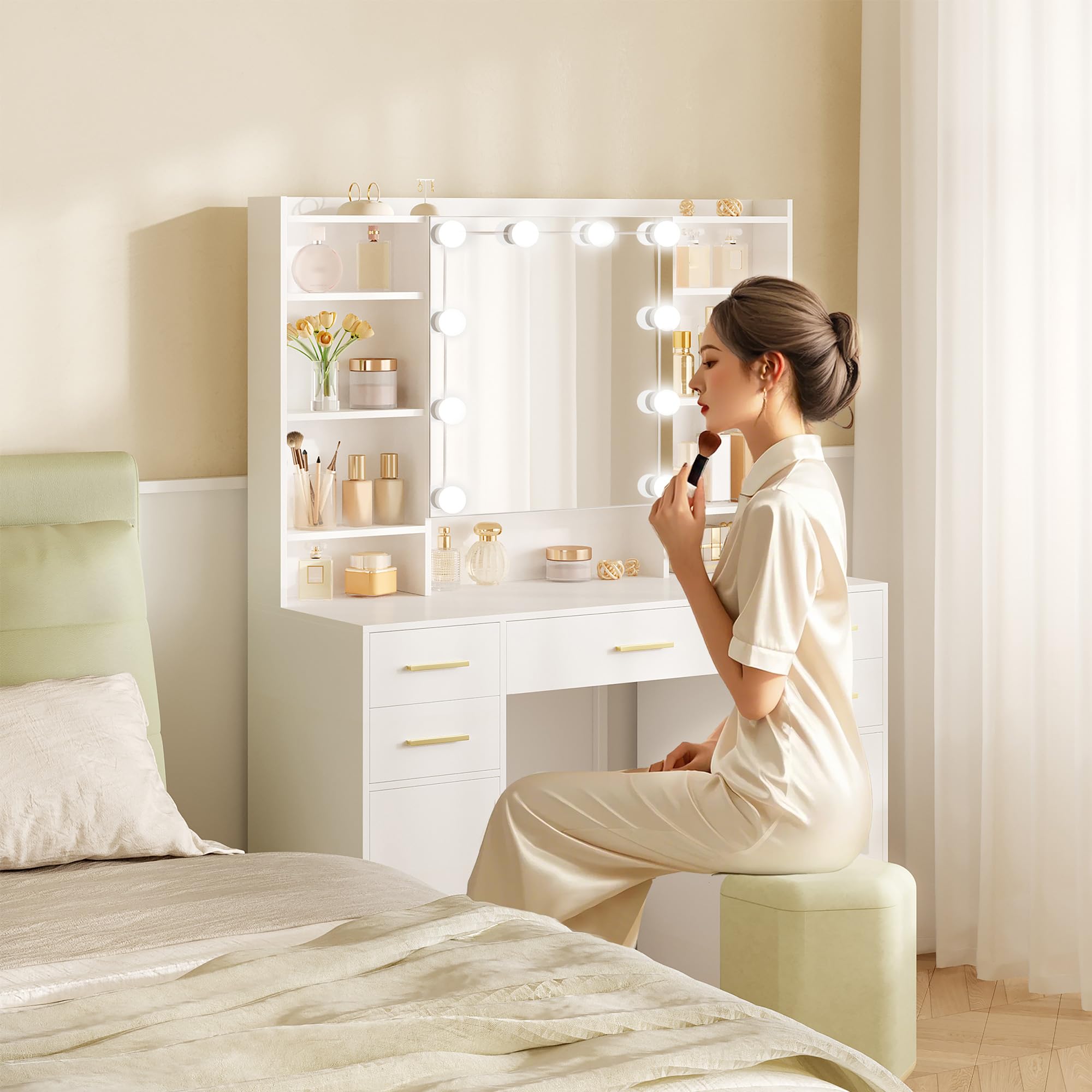 hexcelen-coiffeuses-avec-miroir-108-cm-blanche-led-5-tiroirs image 8