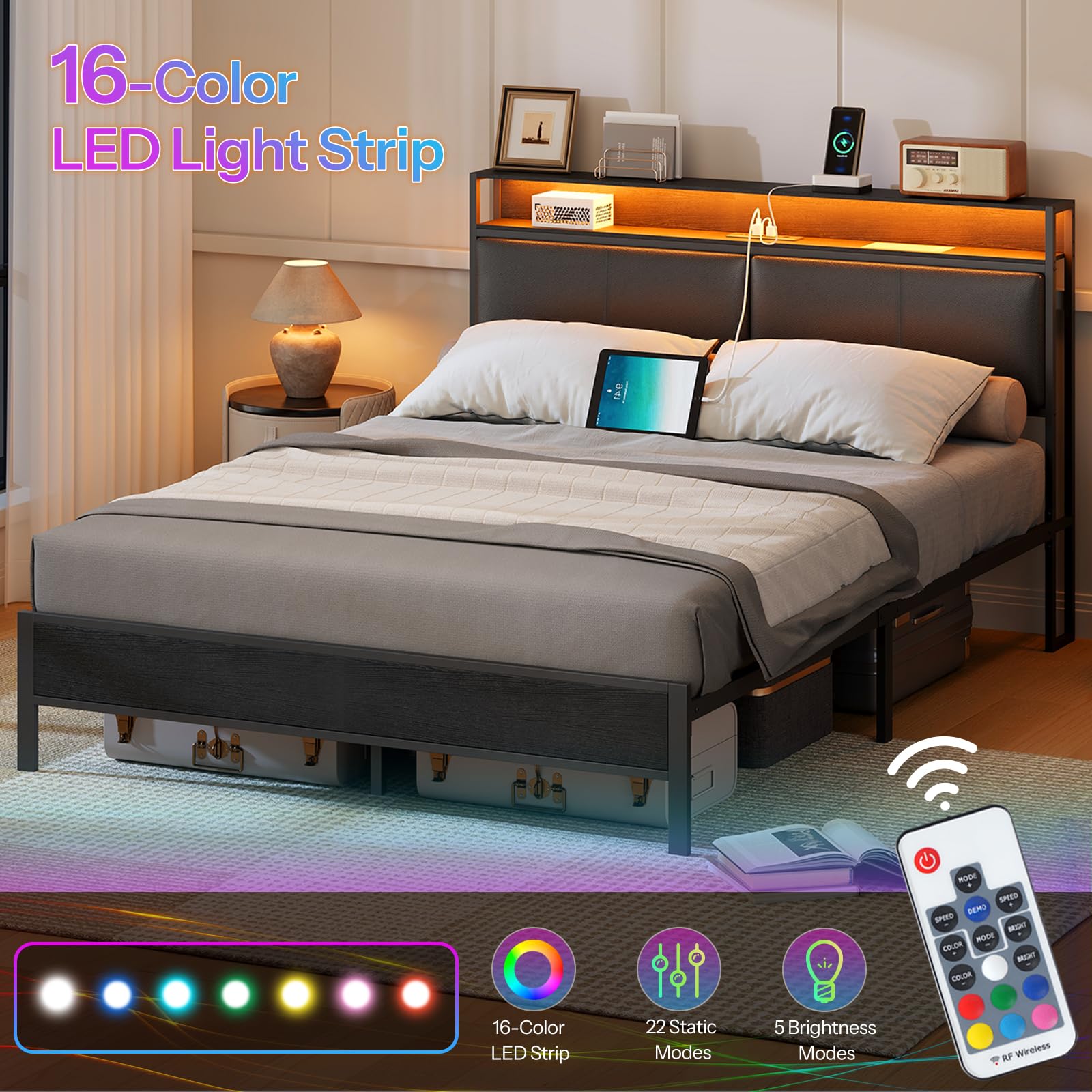 hoobro-bed-frames-cadre-de-lit-queen-m-tal-led-noir-usb image 5