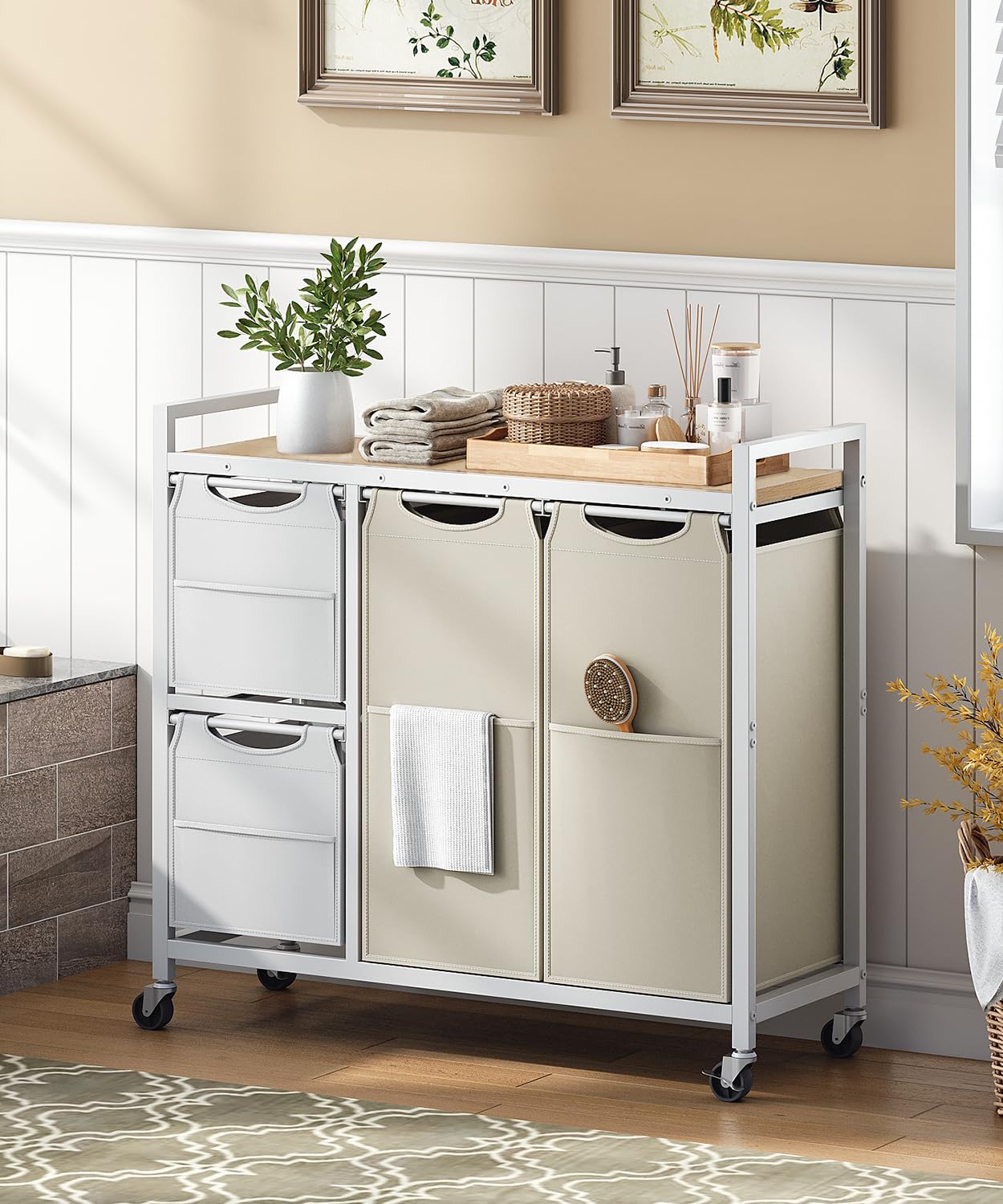 hoobro-panier-linge-4-bacs-blanc-127-l-trieur-roulettes image 7