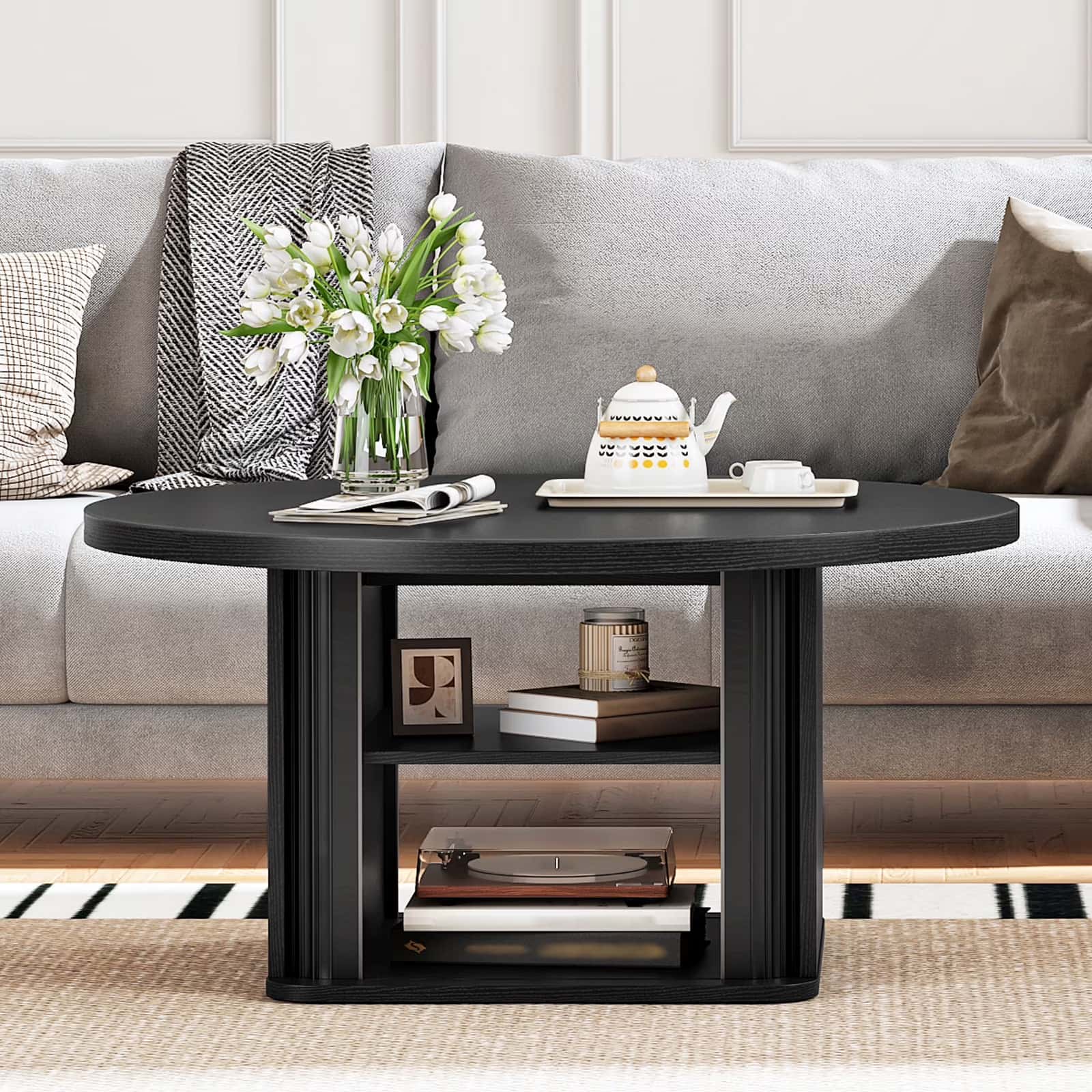 hoobro-table-basse-ronde-noire-avec-rangement-80-cm image 2