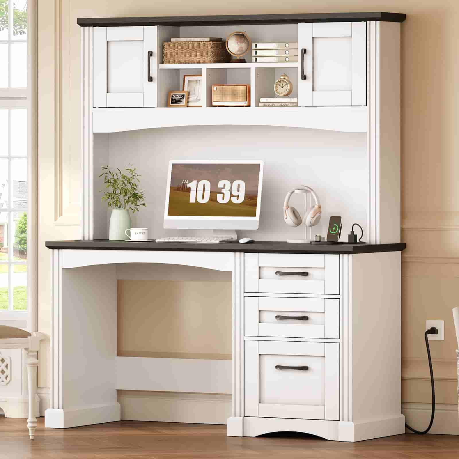hoobro-bureau-farmhouse-blanc-avec-hutch-led-et-prises image 4