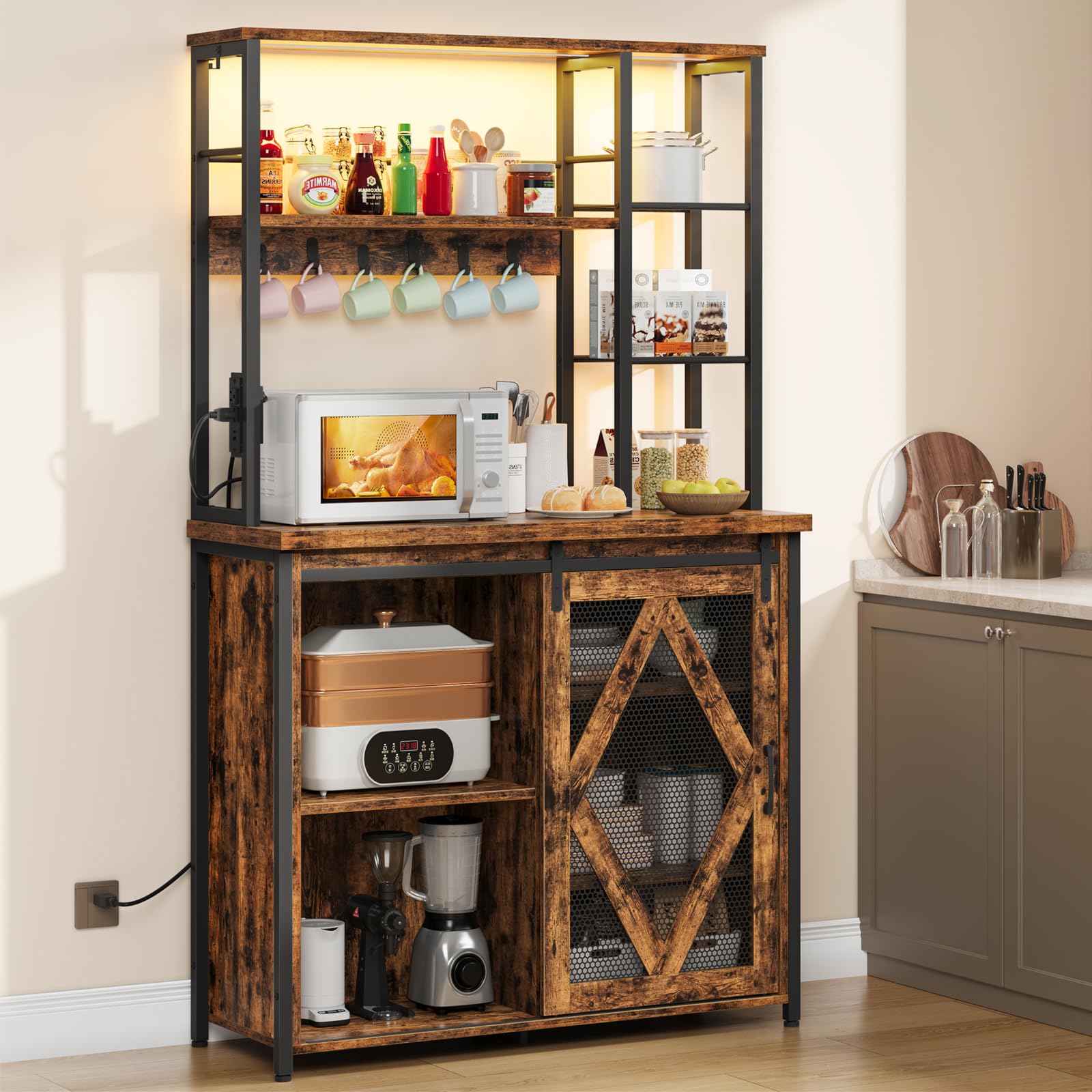 hoobro-desserte-cuisine-micro-ondes-prise-led-marron image 3