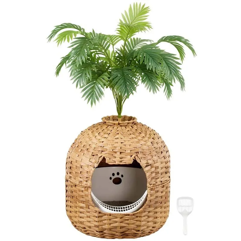 hoobro-meuble-liti-re-chat-rotin-naturel-avec-plante image 1