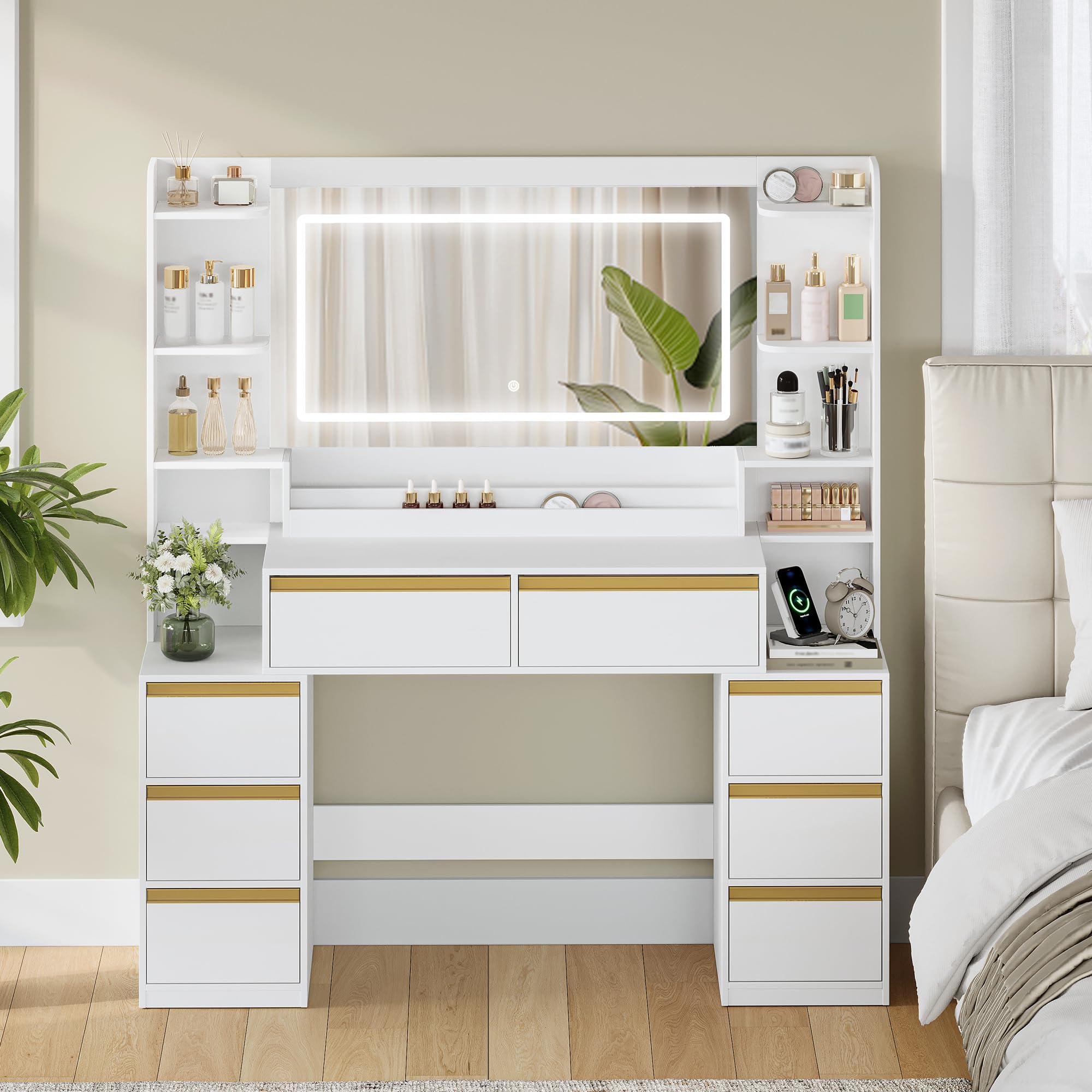 hexcelen-coiffeuse-avec-miroir-135-cm-blanc-dor-led-usb image 7