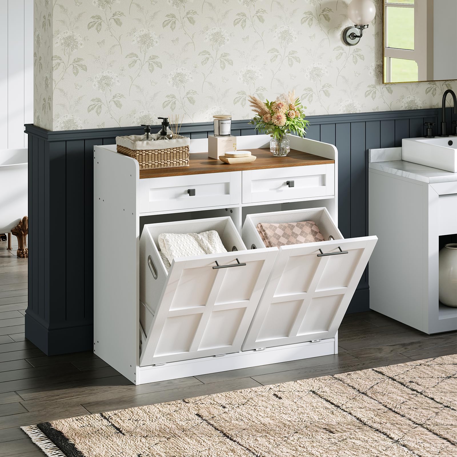 hoobro-panier-linge-bois-blanc-double-basculant-25-gal image 5