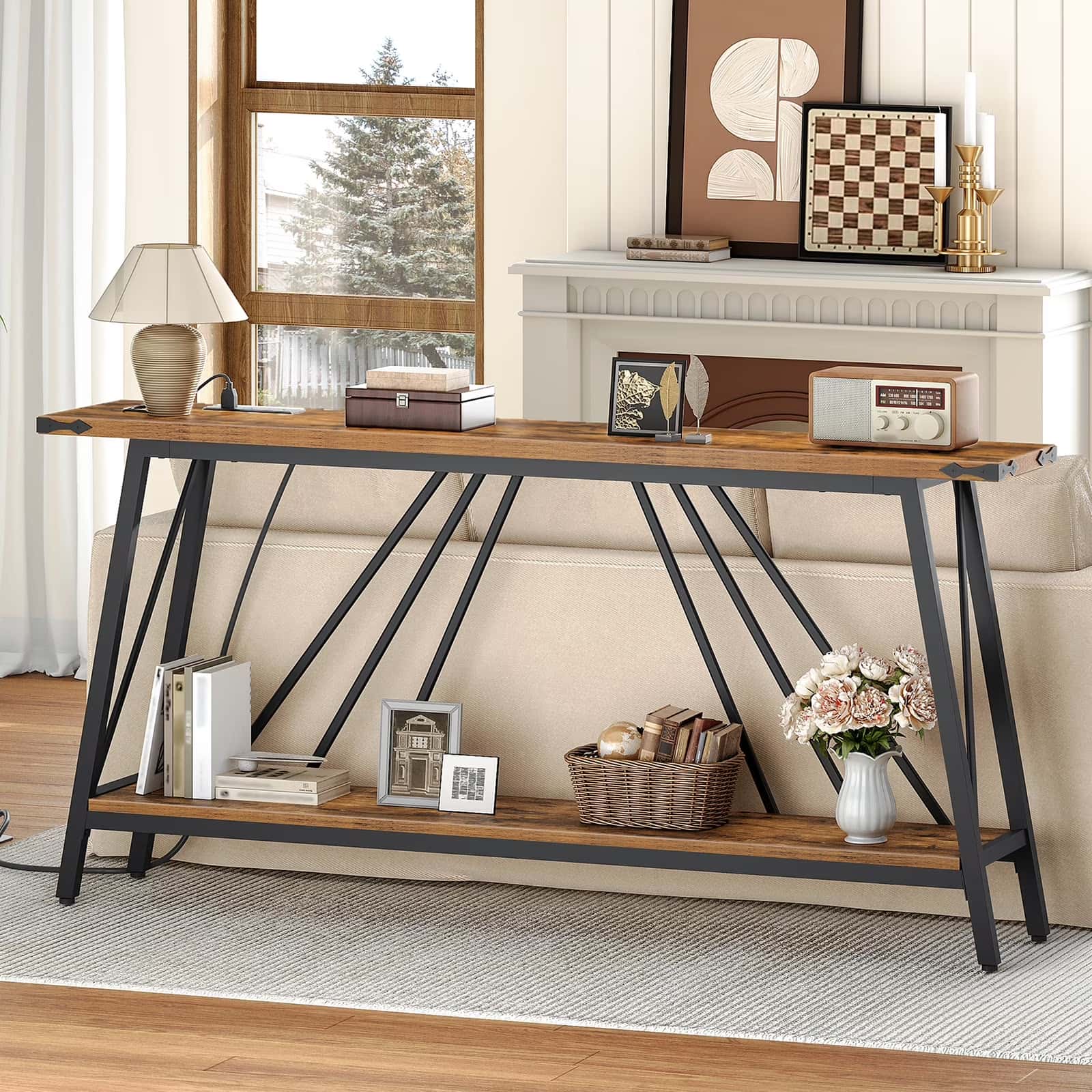 hoobro-console-table-console-entr-e-marron-2-niveaux-usb image 5