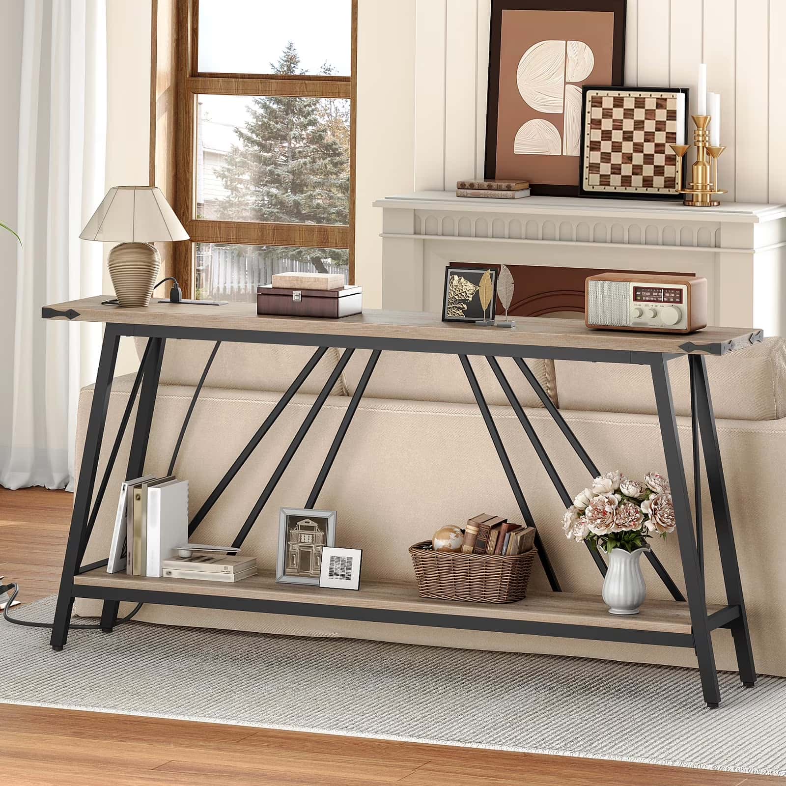 hoobro-console-table-meuble-entr-e-greige-2-niveaux-avec-prise image 5
