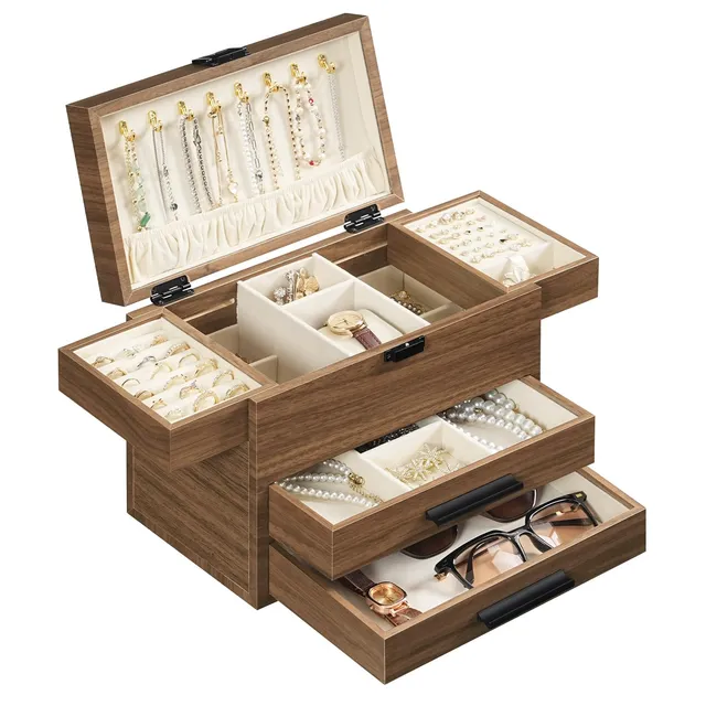 hoobro-jewelry-boxes-4-tiroirs-bo-te-bijoux-noyer image 1