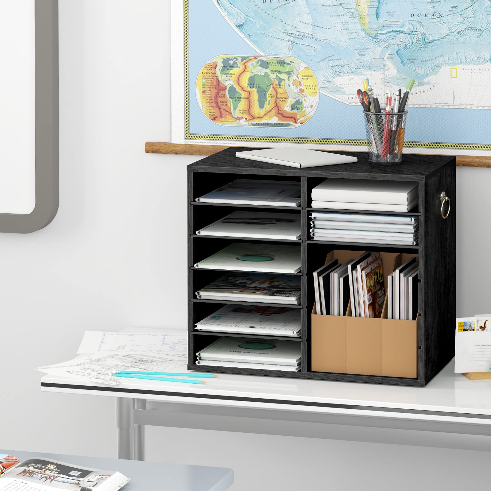 hoobro-meuble-bureau-trieur-courrier-12-casiers-noir-ajustable image 2