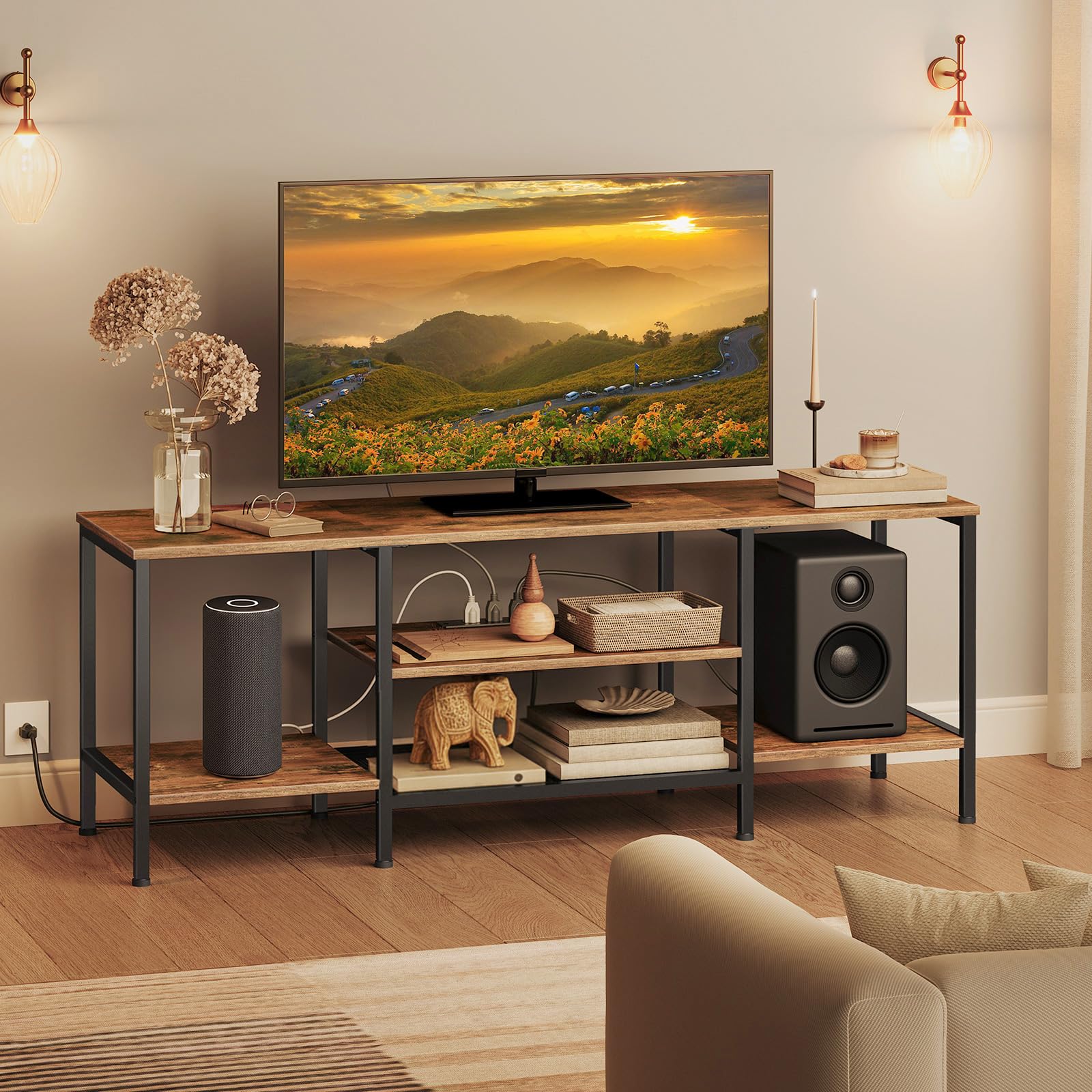 hoobro-meuble-tv-65-pouces-marron-prises-3-niveaux image 1