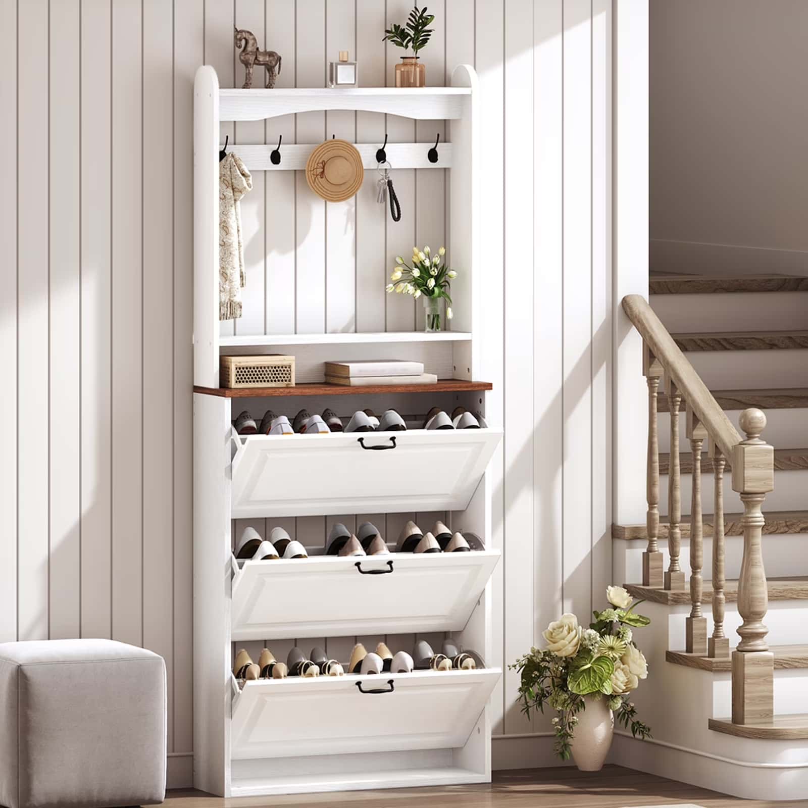 hoobro-hall-trees-vestiaire-blanc-5-crochets-range-chaussures image 2