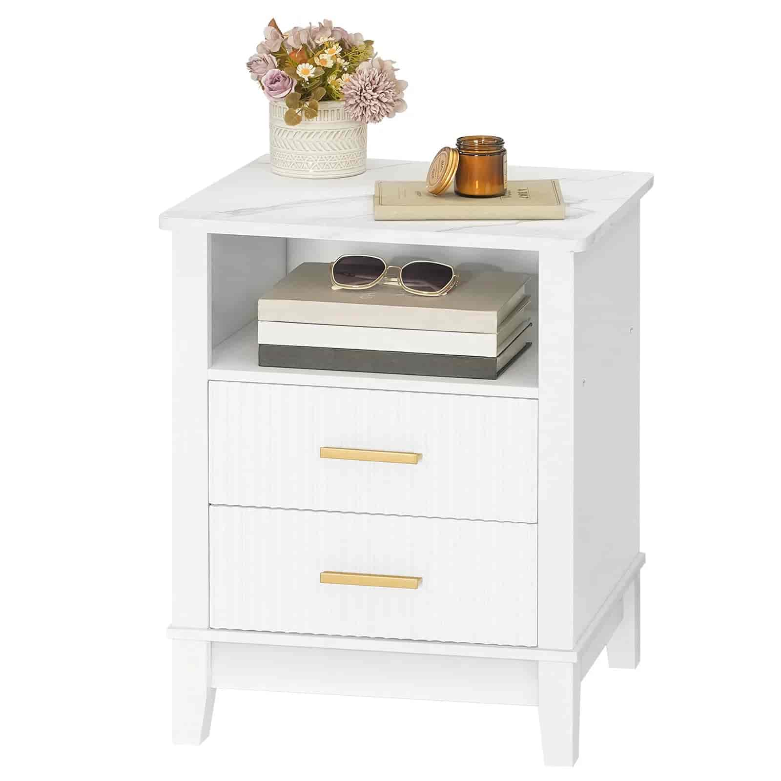 hoobro-nightstands-table-de-chevet-blanche-led-2-tiroirs-marbre image 1