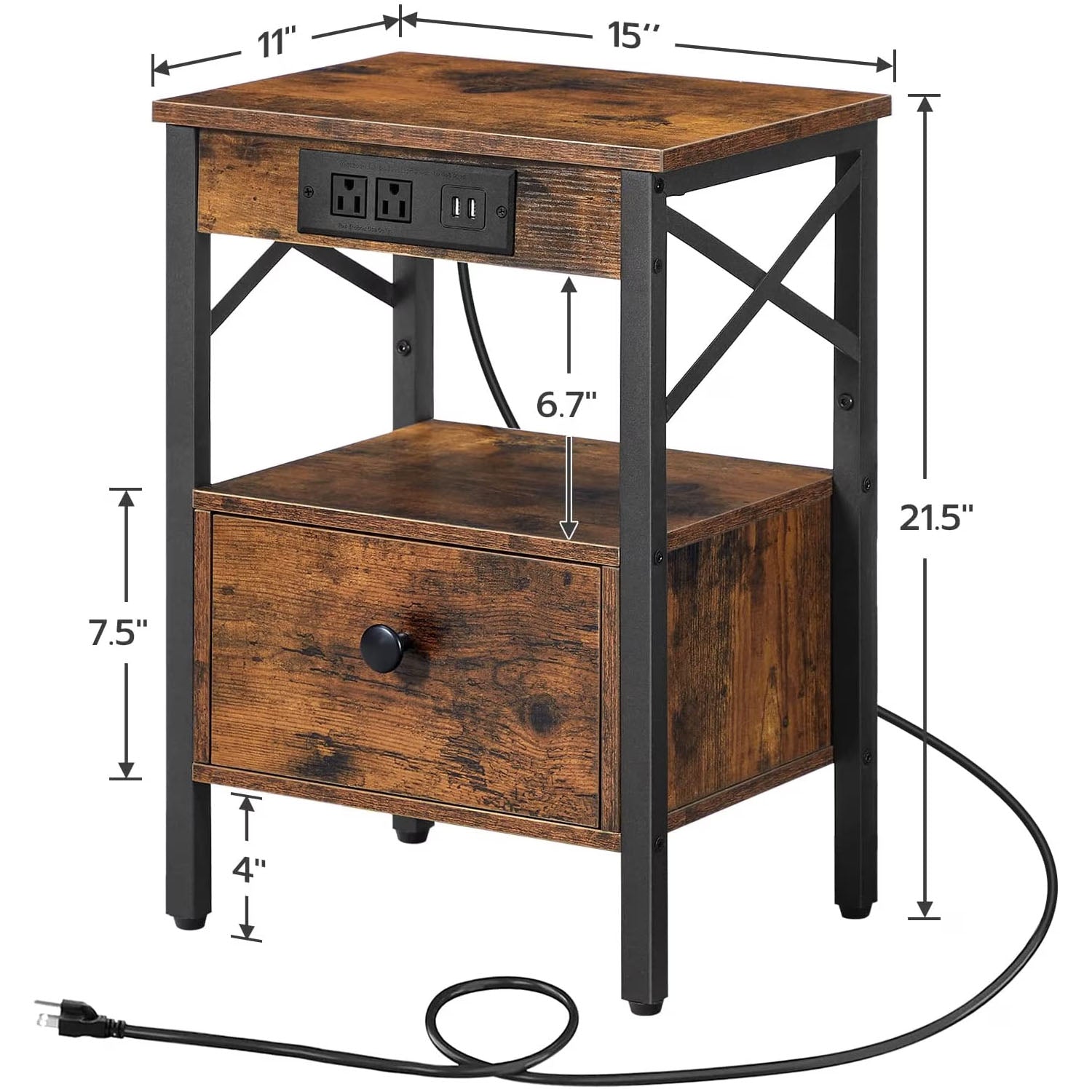 hoobro-table-de-chevet-avec-station-de-charge-marron-tiroir image 4