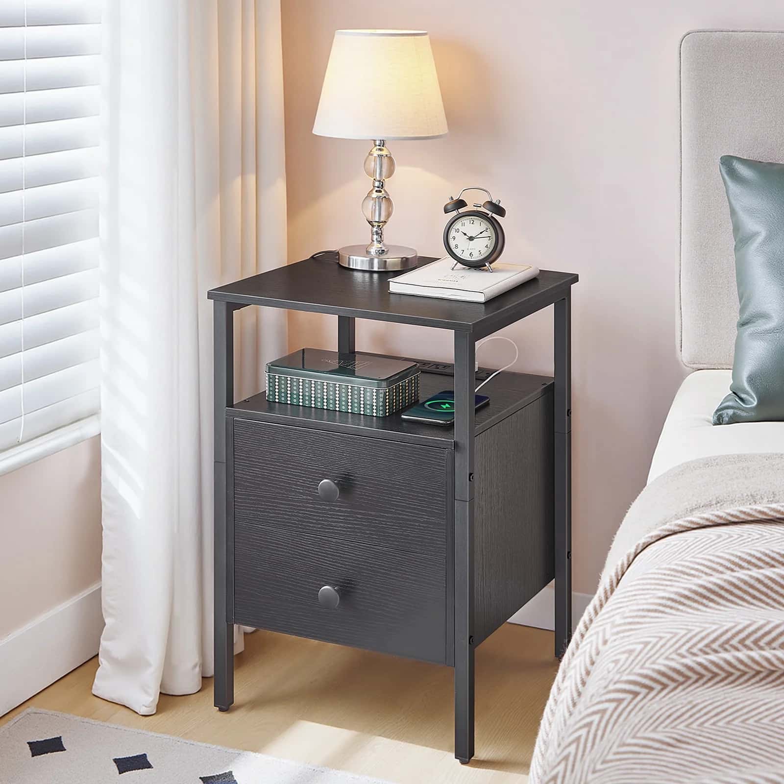 hoobro-nightstands-table-chevet-2-tiroirs-prises-noire image 4