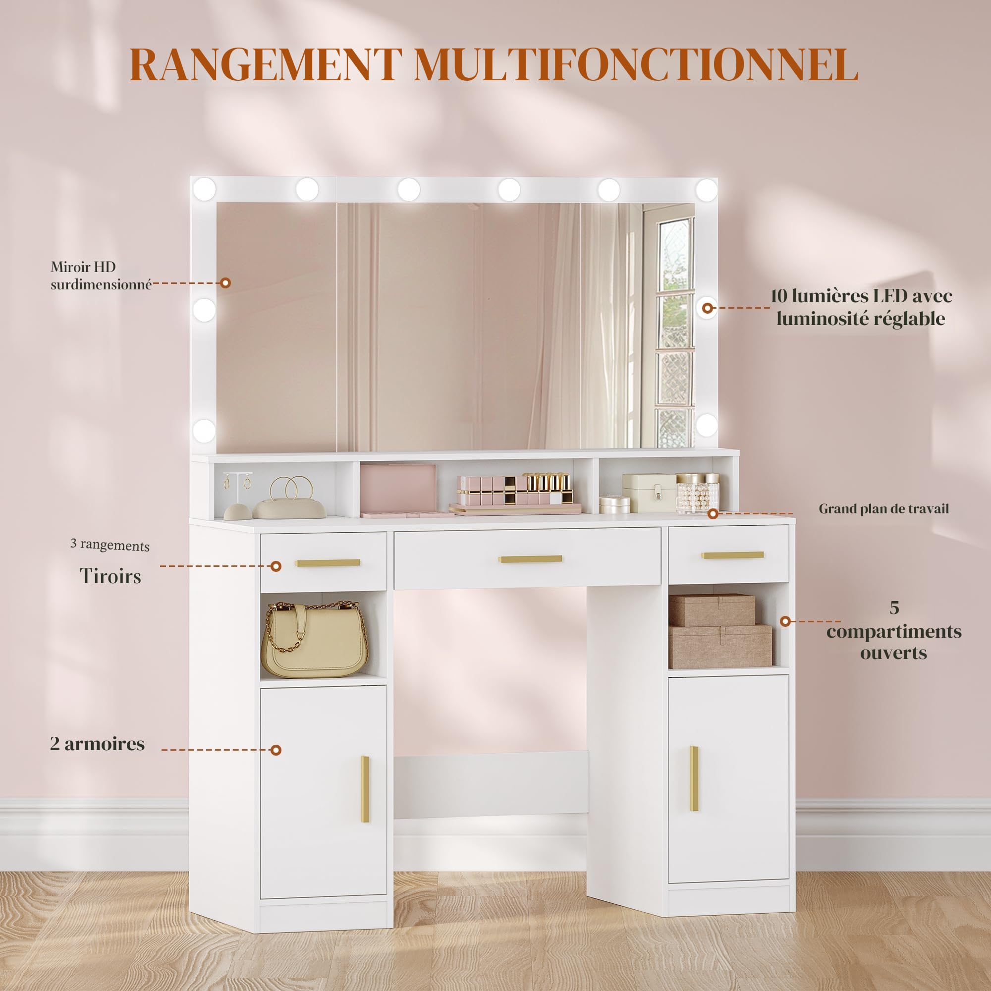 hexcelen-coiffeuse-miroir-led-blanc-40x108x140-cm-3-tiroirs image 7