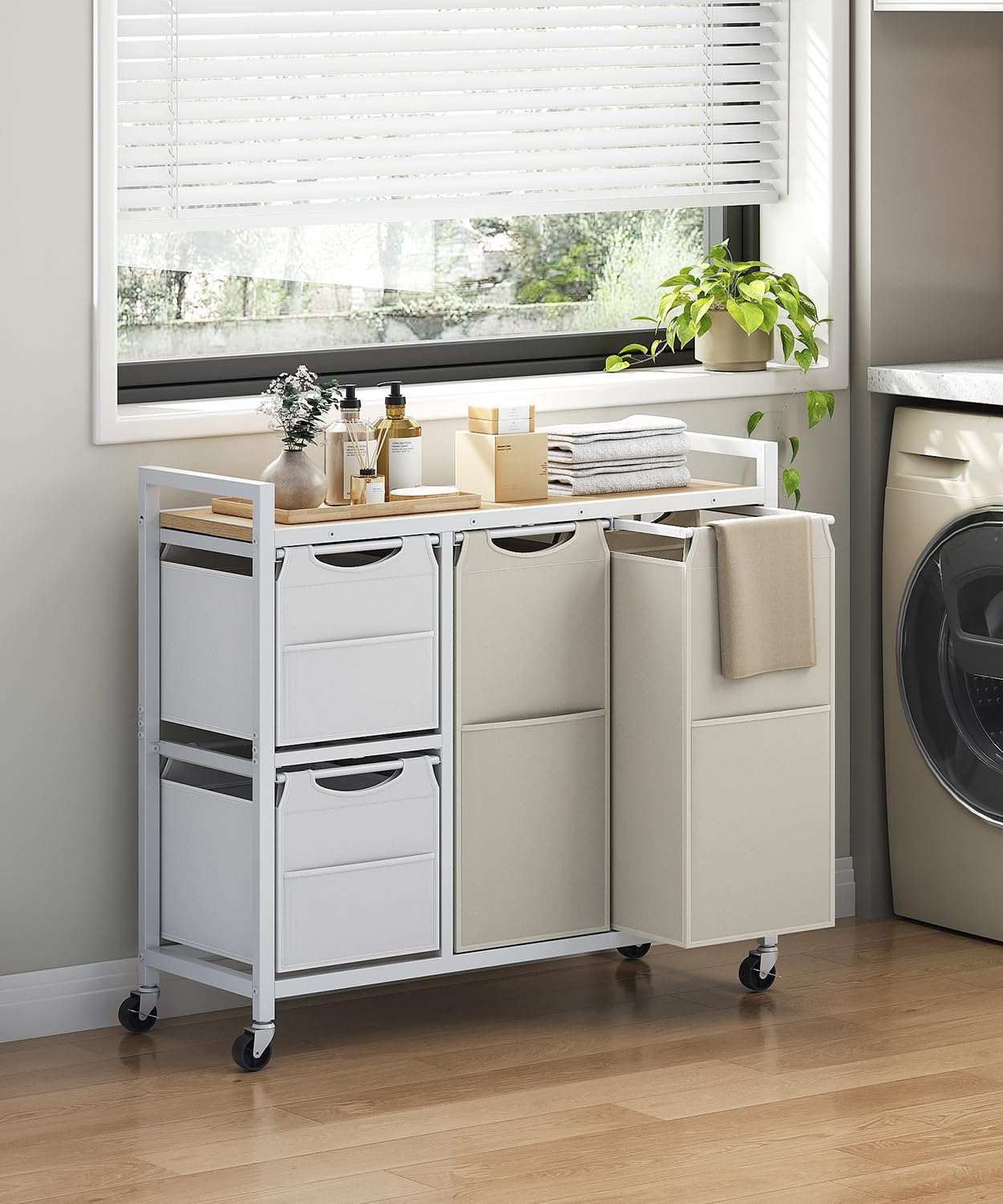 hoobro-panier-linge-4-bacs-blanc-127-l-trieur-roulettes image 2