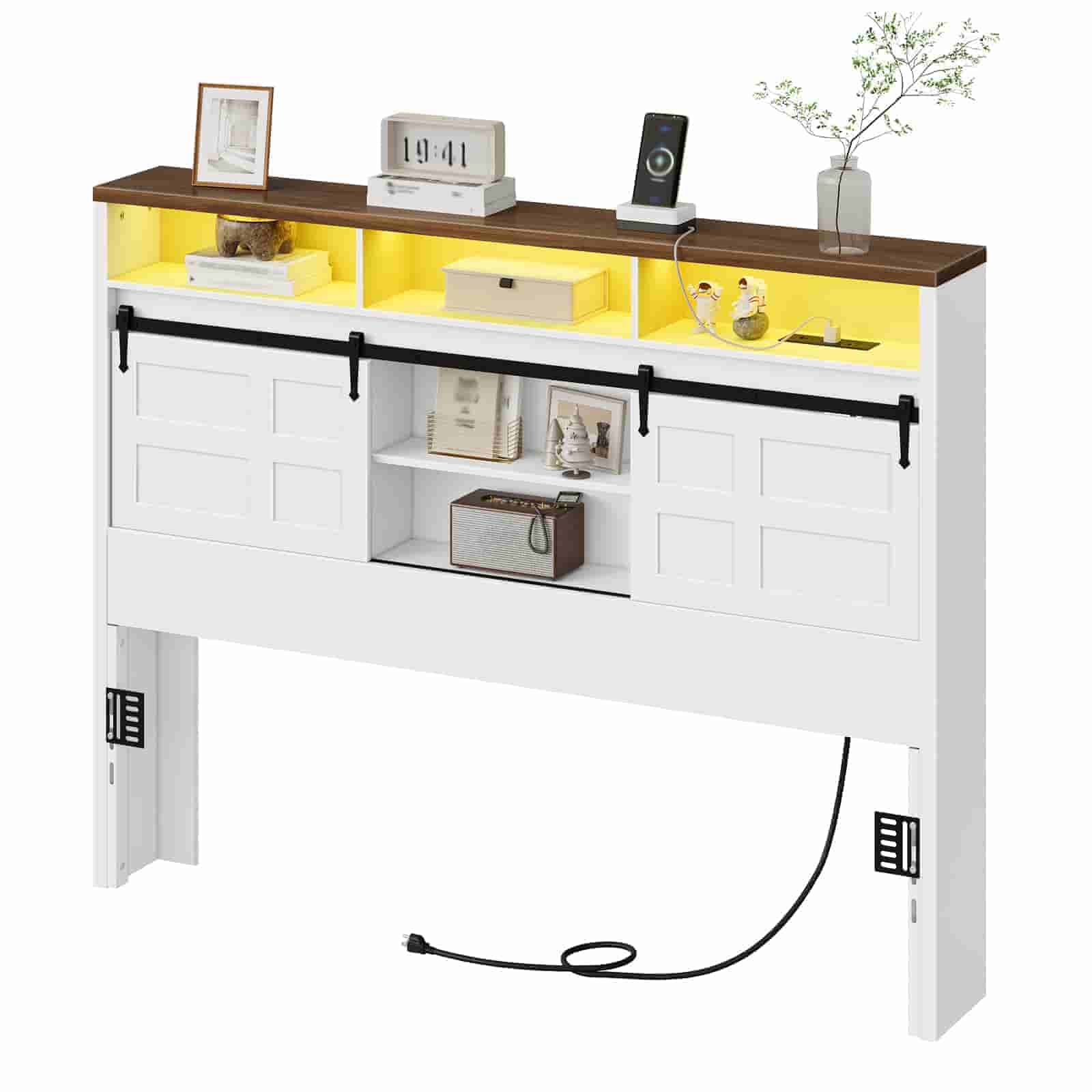 hoobro-t-te-de-lit-blanche-avec-led-et-prises image 1