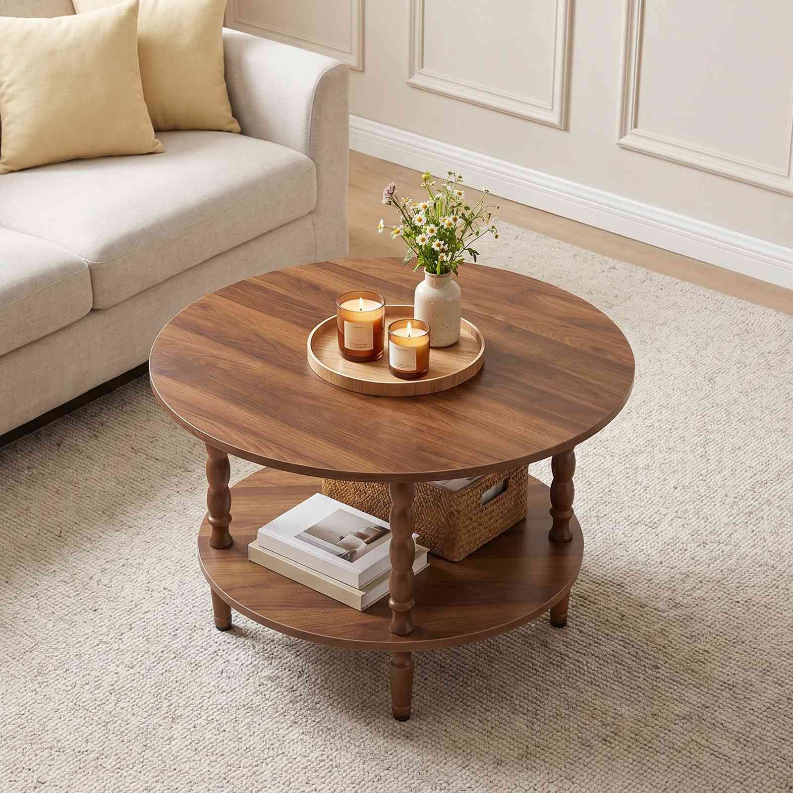 hoobro-coffee-tables-table-basse-ronde-bois-marron-2-niveaux image 2