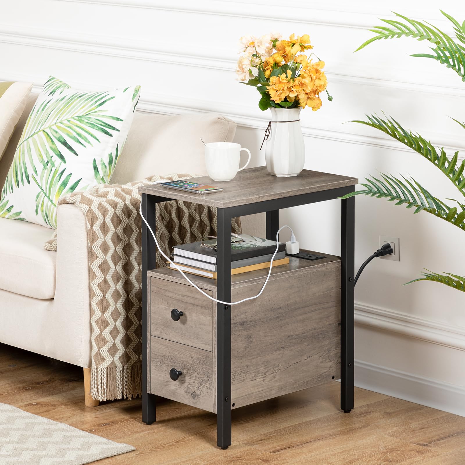 hoobro-side-tables-lot-2-tables-chevet-greige-avec-prise image 2