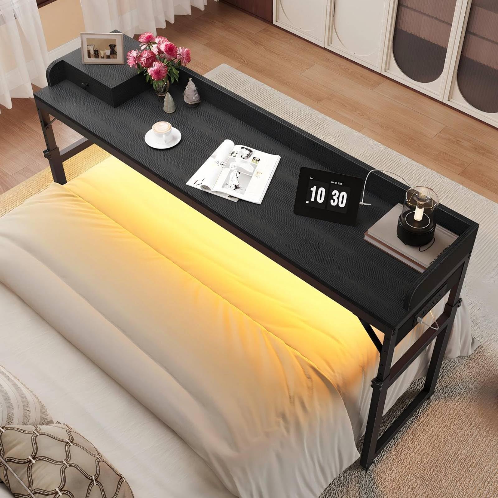 hoobro-bb180uddn01-table-de-lit-noire-roulettes-prise image 1