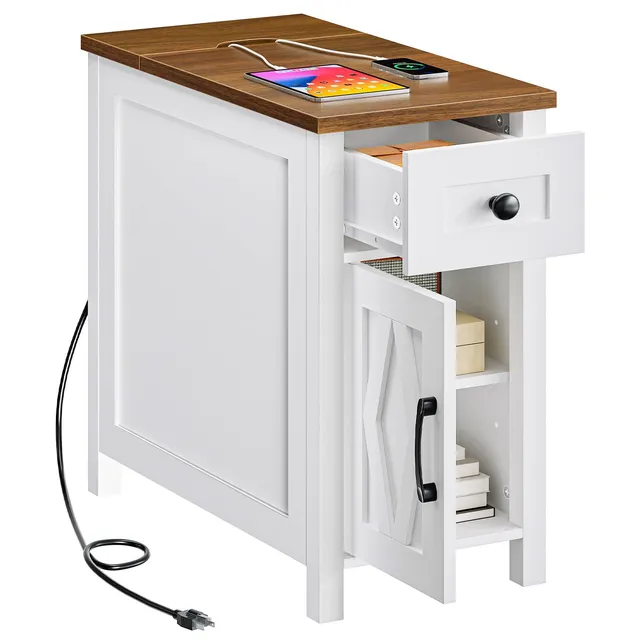 hoobro-table-de-chevet-troite-blanche-prise-usb-type-c image 1