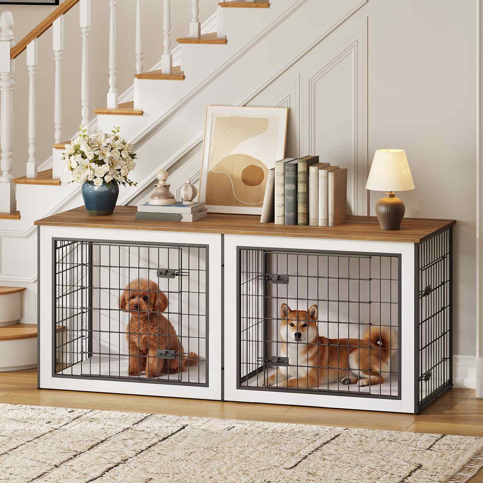 hoobro-niche-chien-bois-blanc-meuble-cage-avec-s-paration image 7