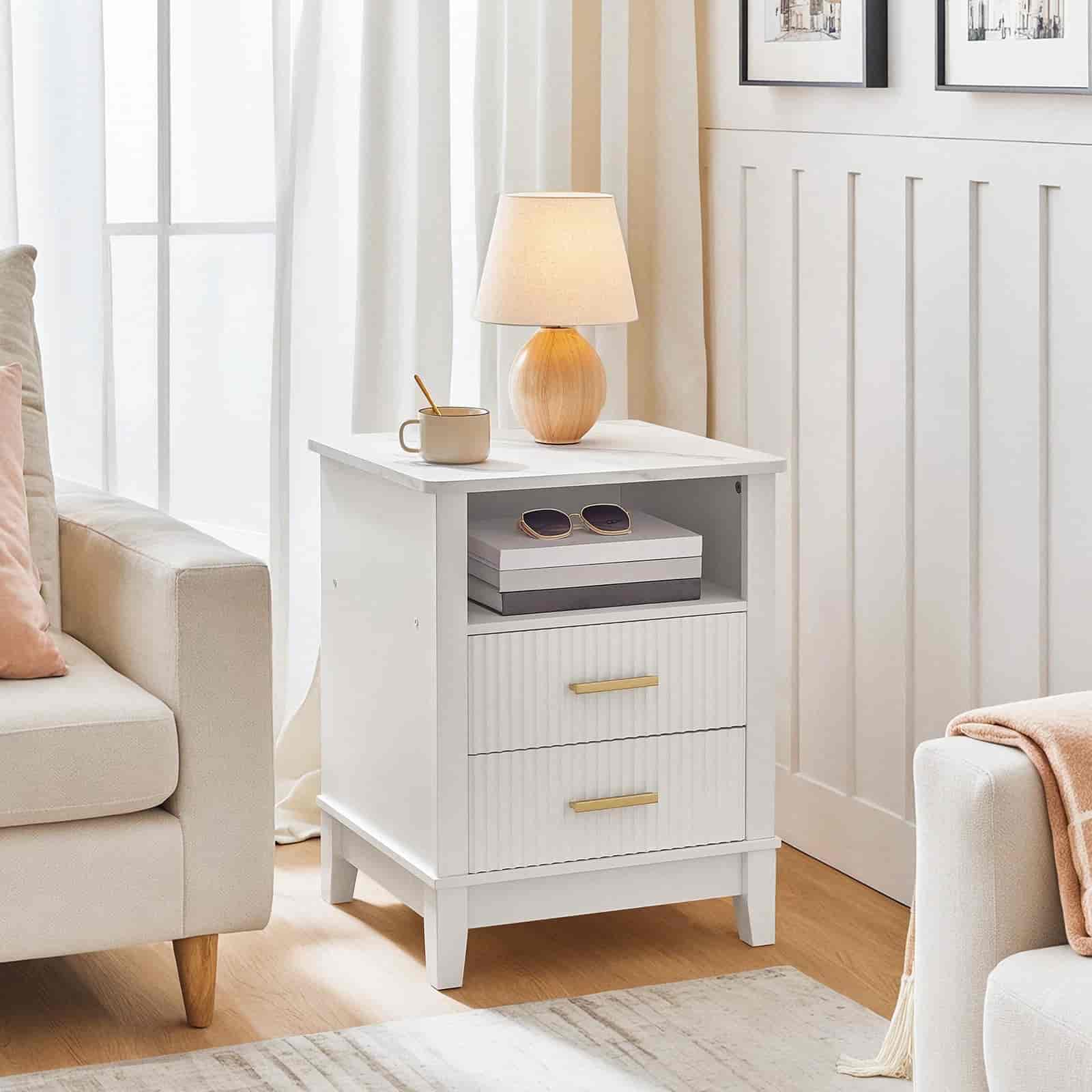 hoobro-nightstands-table-de-chevet-blanche-led-2-tiroirs-marbre image 5