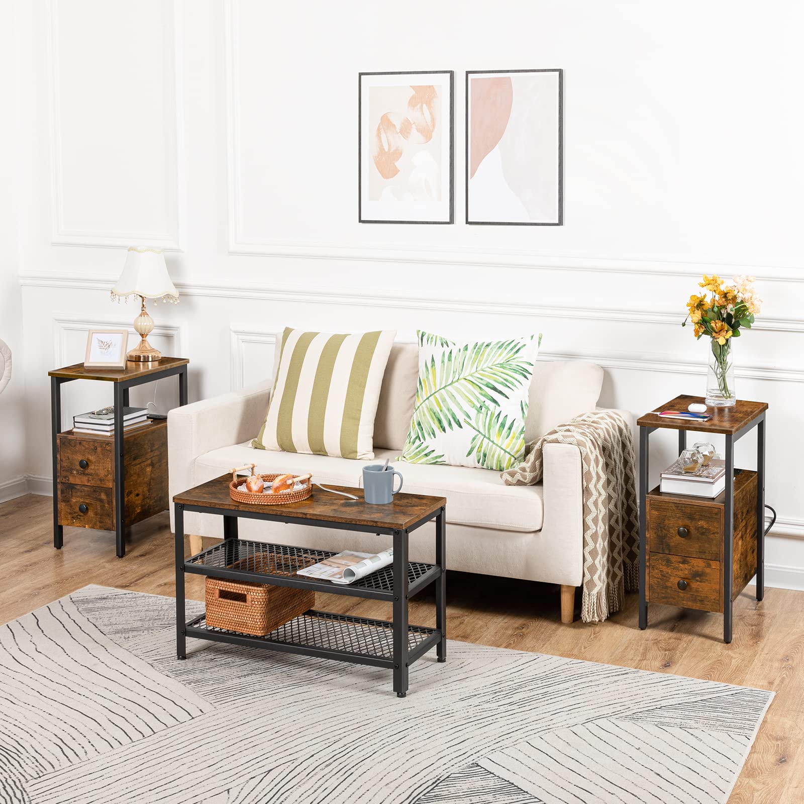 hoobro-lot-2-tables-de-chevet-marron-avec-prise image 5
