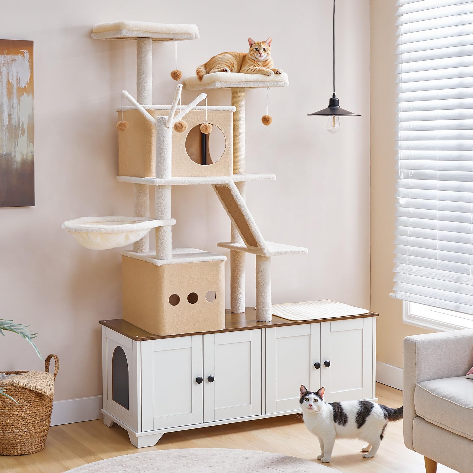hoobro-arbre-chat-blanc-2-en-1-cache-liti-re-griffoir image 4