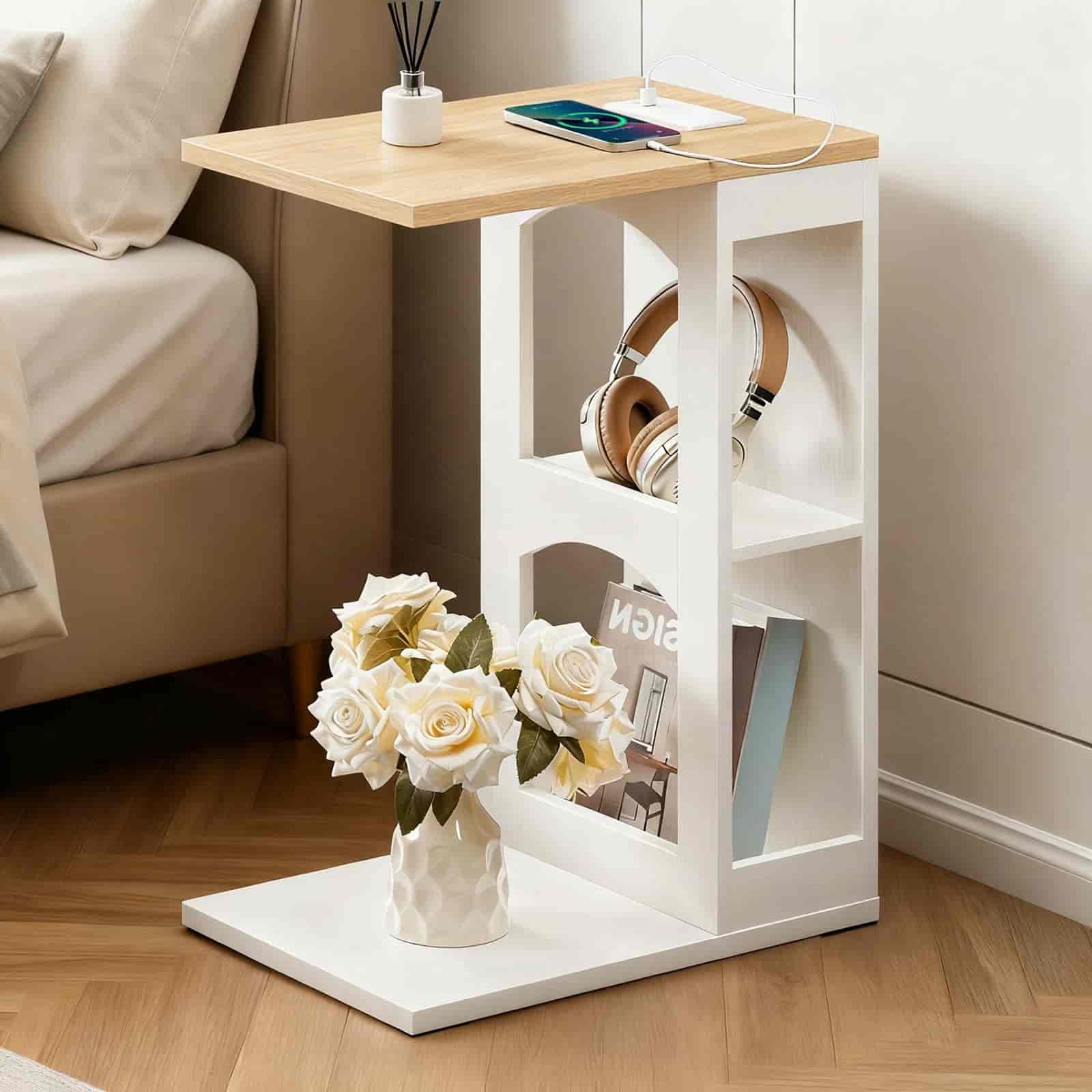 hoobro-table-en-c-blanche-avec-station-charge-appoint image 2